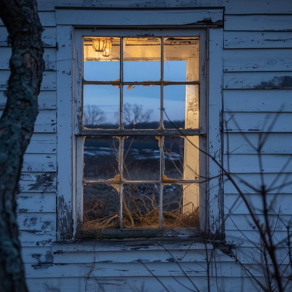 内側から見た古い農場の白い壁、ガラス付きの木製窓、外は夜。