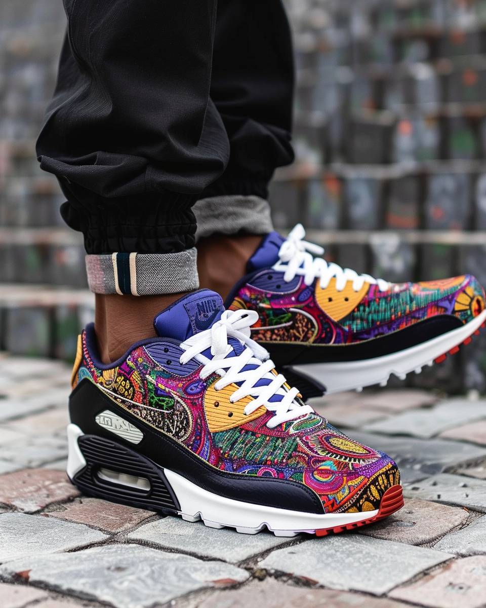 A photo of an Air Max in the style of Nike streetwear with black pants and a colorful patterned tapestry, on feet with white laces.