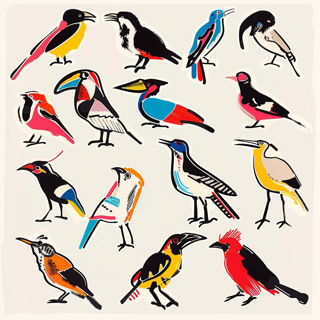 ジャン＝ミシェル・バスキアが様々な鳥の種類を描いたステッカーセットのデザイン。均等に配置された構図、清潔な白い背景。