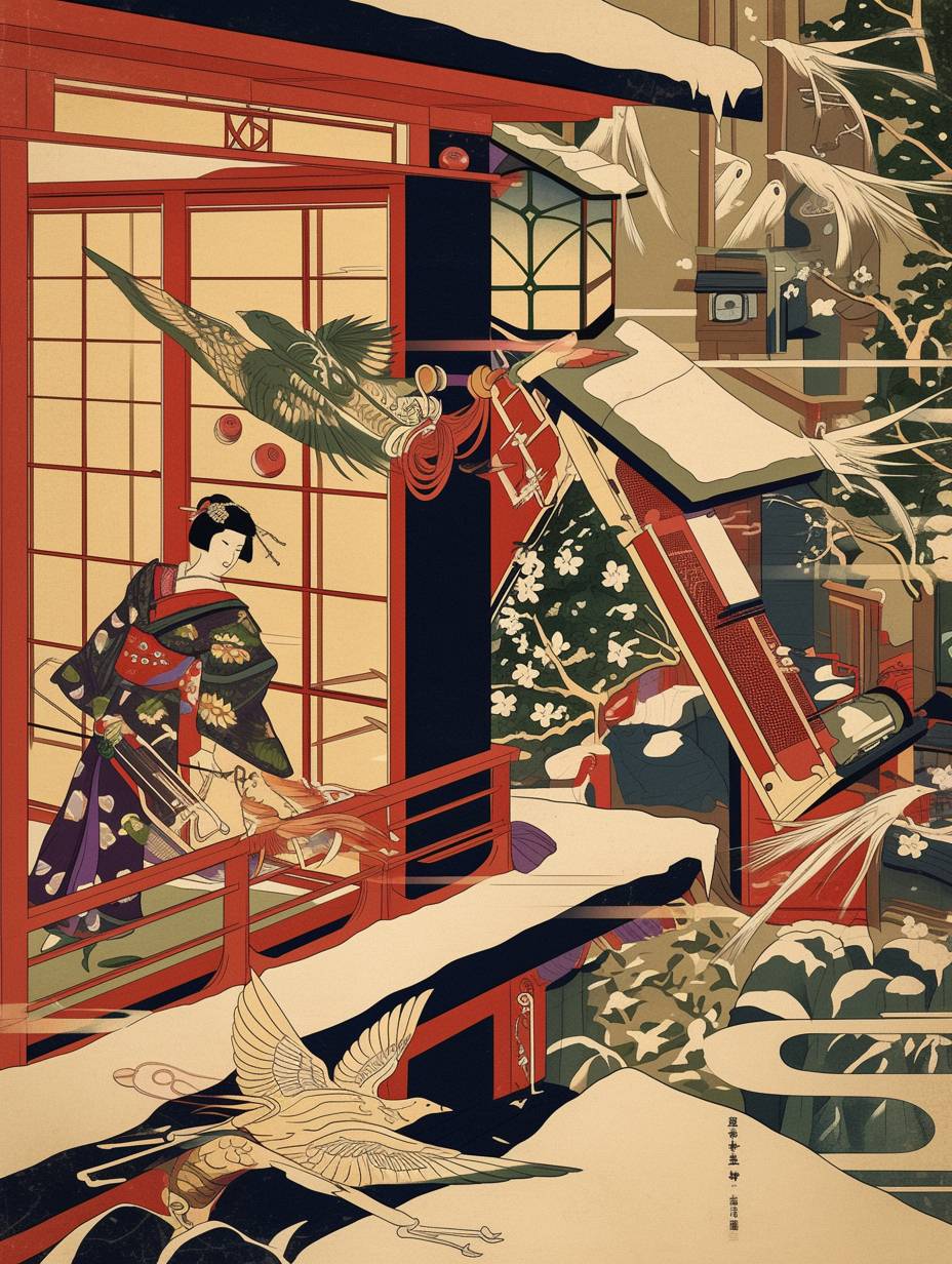 Ukiyo-e, retrofuturism, traditional Japanese, Edo, futuristic, woodblock print, retro technology