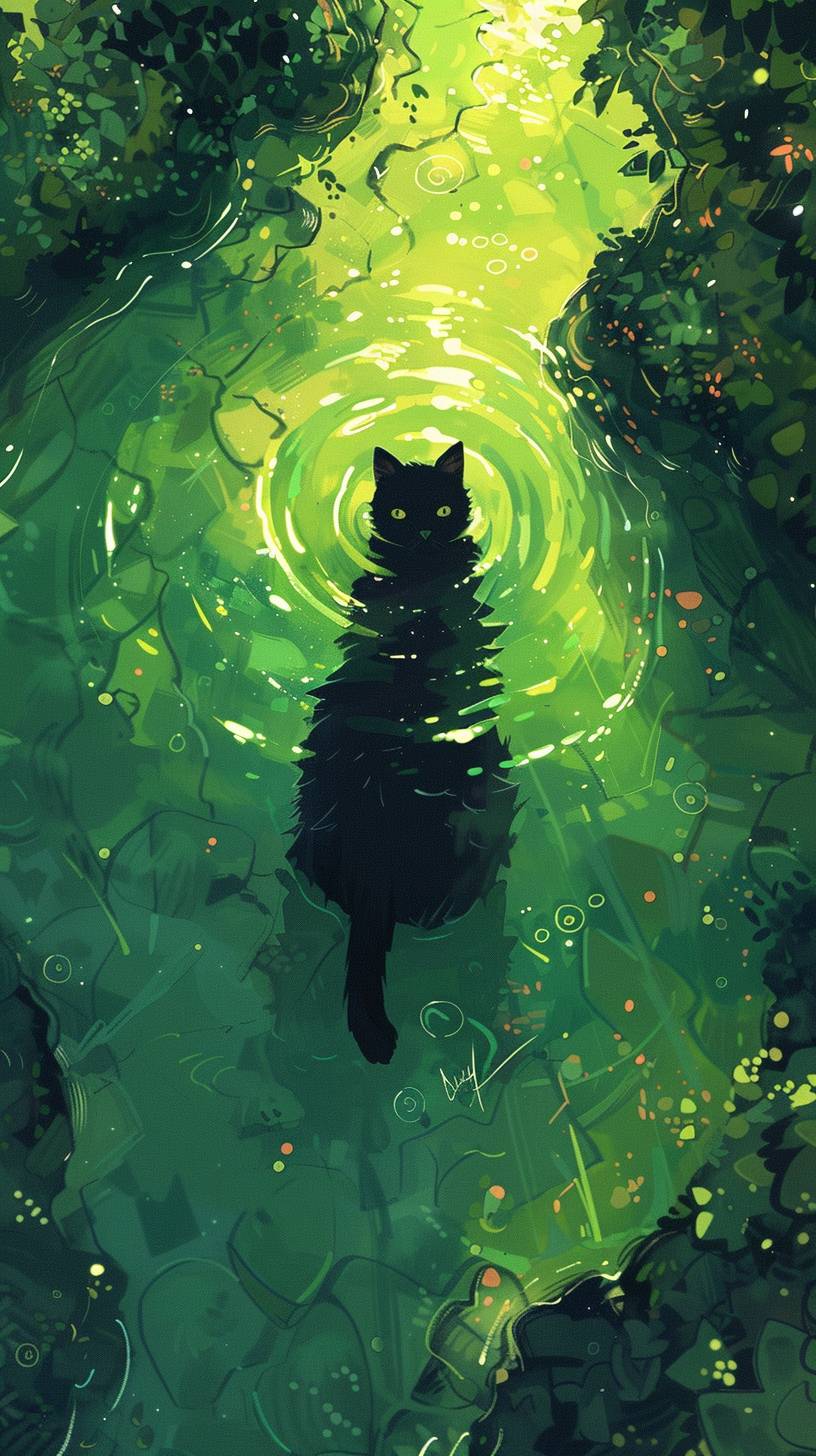アテイ・ガイランとジェームズ・ジーンのスタイルで、無限の緑色のプールの中心に浮かぶ黒猫。