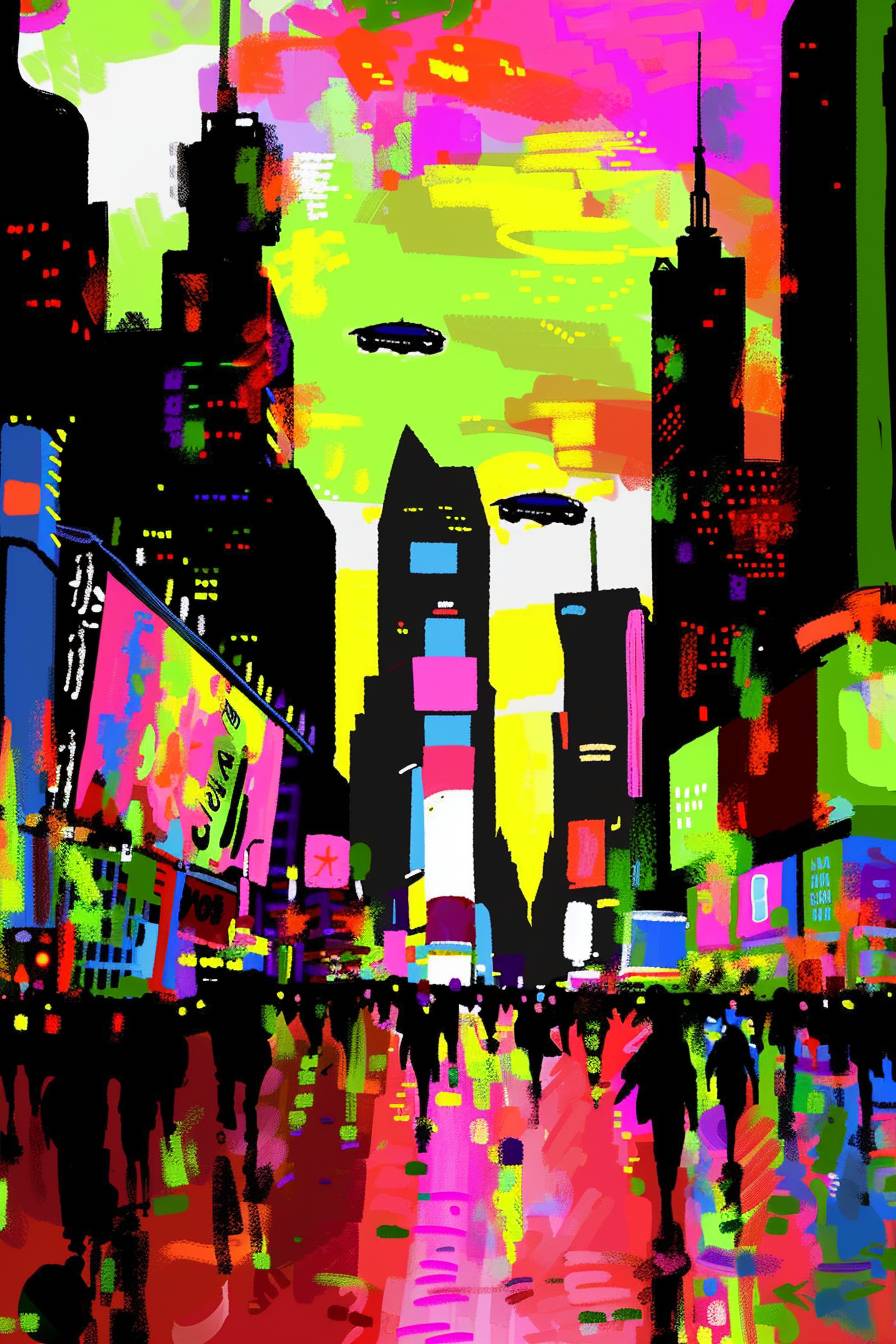 Futuristic cityscape at dusk, flying cars, towering skyscrapers, neon signs, people in advanced fashion, vibrant energy