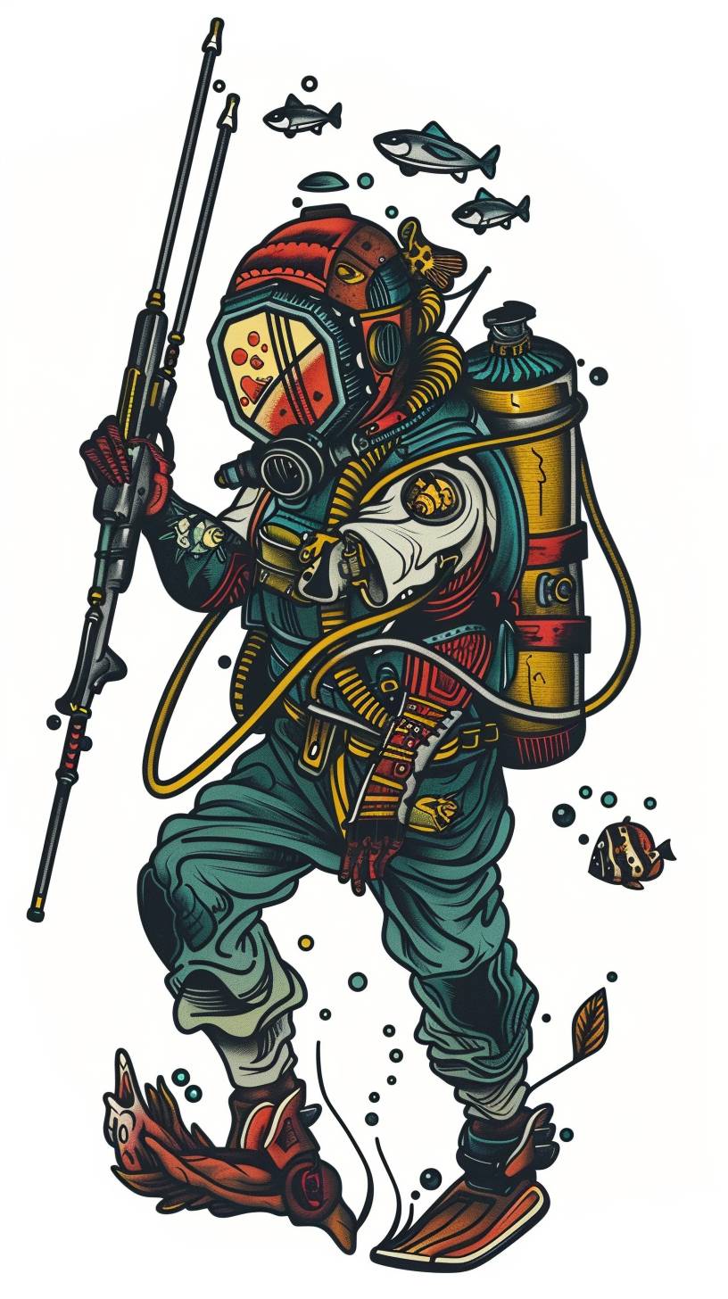 Traditional tattoo scuba diver with speargun, traditional tattoo, simple, vector art, sticker, white background