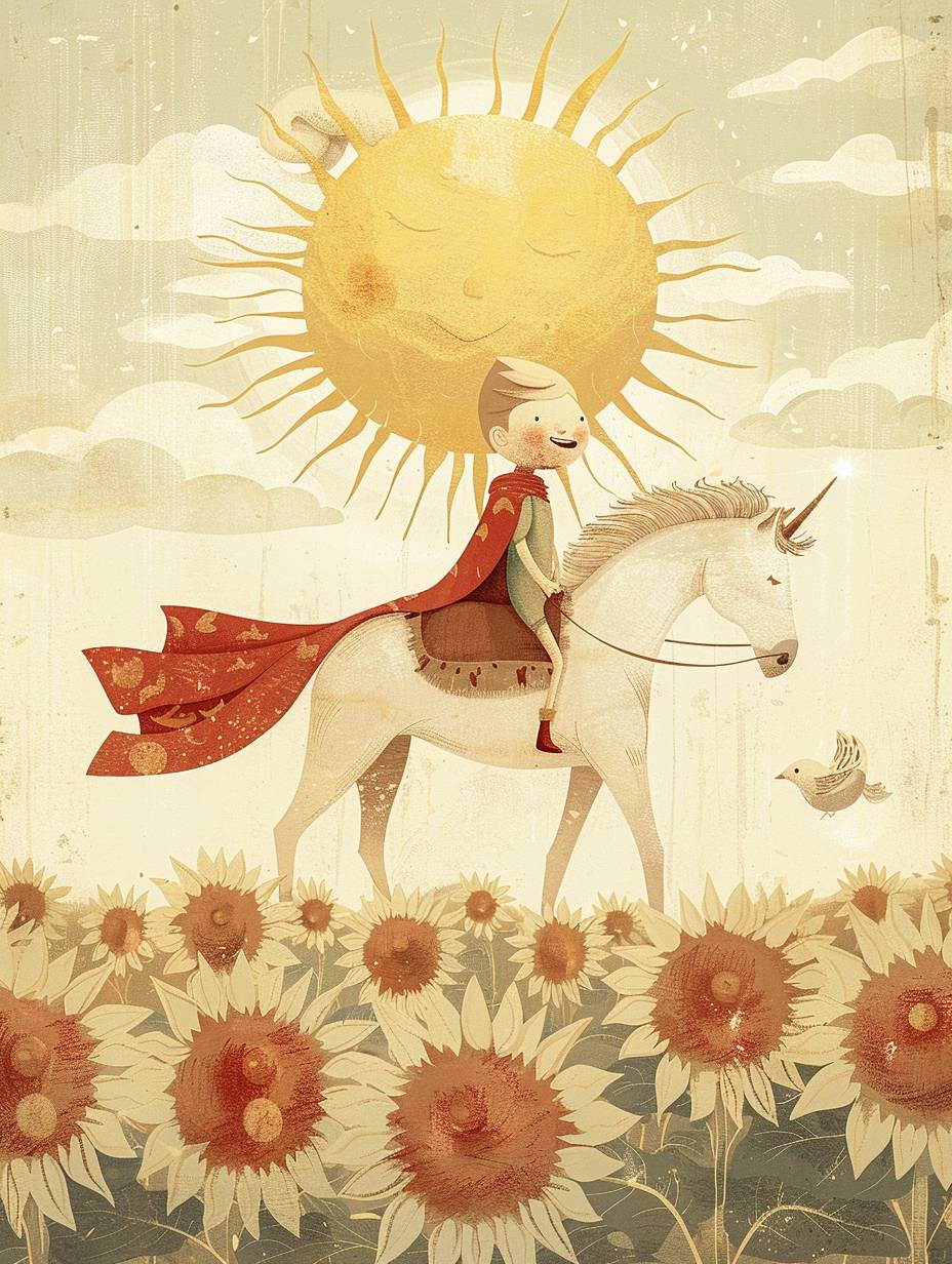 Illustration of a happy kid, wearing a red cape, riding a white horse, with a giant sun in the sunflower field, in the style of children's book illustration, digital illustration, in the style of Jon Klassen, desaturated light and airy neutral pastel color palette, nursery art, cream background, fantasy lighting, highly detailed, 32k pixels, aspect ratio 3:4, version 6.0