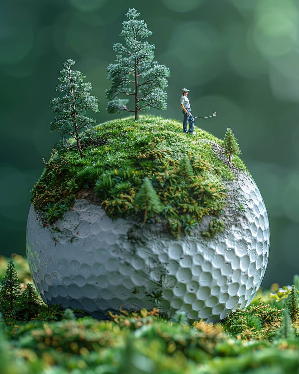 A tiny human is playing golf on top of an oversized white golf ball, surrounded by lifelike green grass and trees, against a solid color background. The scene is rendered in high resolution, with lush greenery and small pine trees adding depth to the miniature world. This artistic representation captures the essence of a serene game moment within nature's embrace.