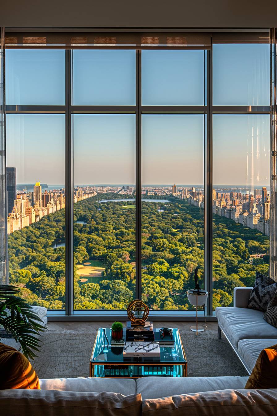Photography, view of a penthouse overlooking Central Park in New York, hyperrealistic photography, summer day in the middle of the day, cloudless sky, natural lighting, sunny, high fidelity, detailed, taken with an EOS R5 Canon