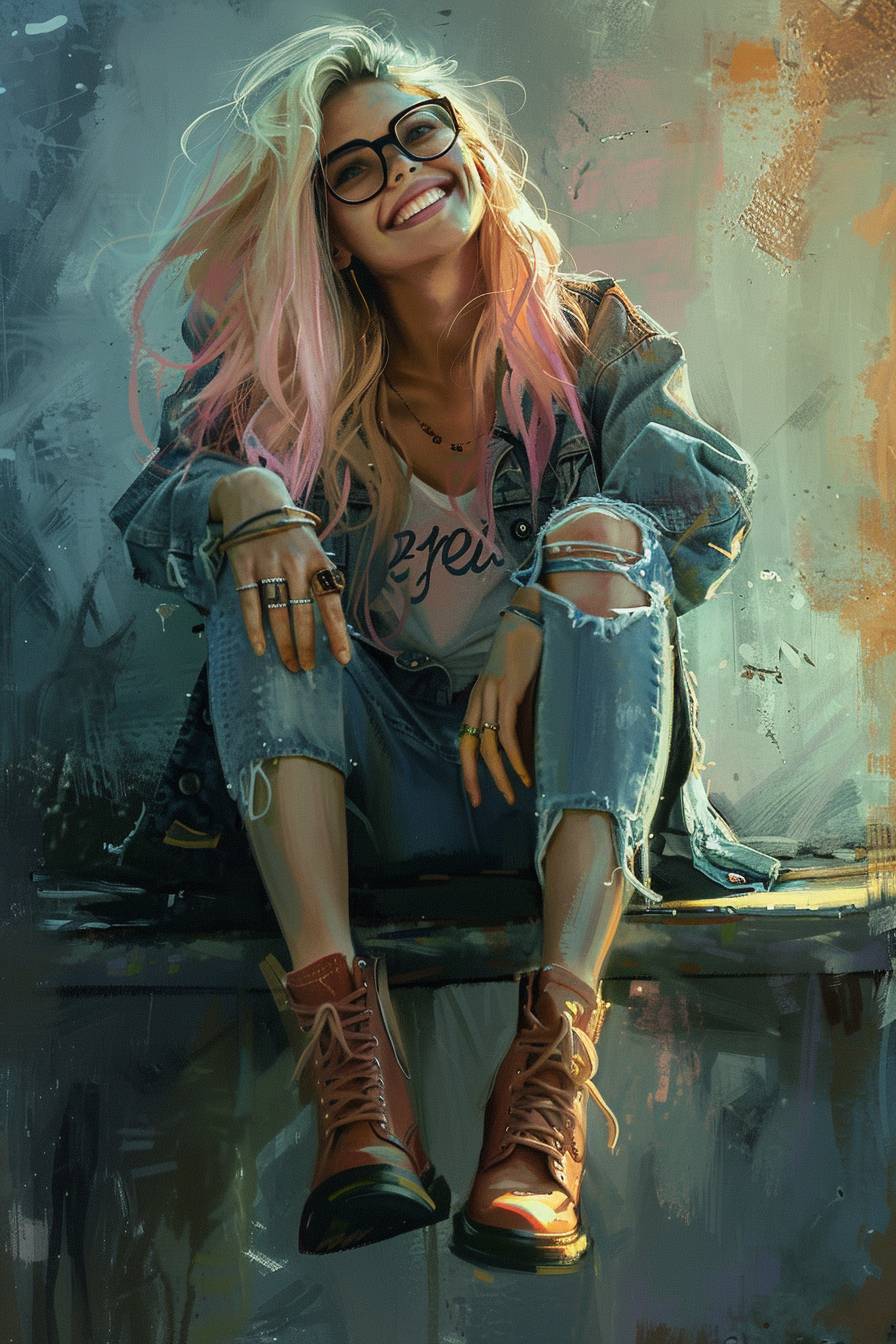 A girl with blonde hair with pink ends wearing glasses, ripped jeans and boots, smiling while sitting on a ledge. Teen romance book style, illustrative painter semi-realism, plain background, soft lighting.