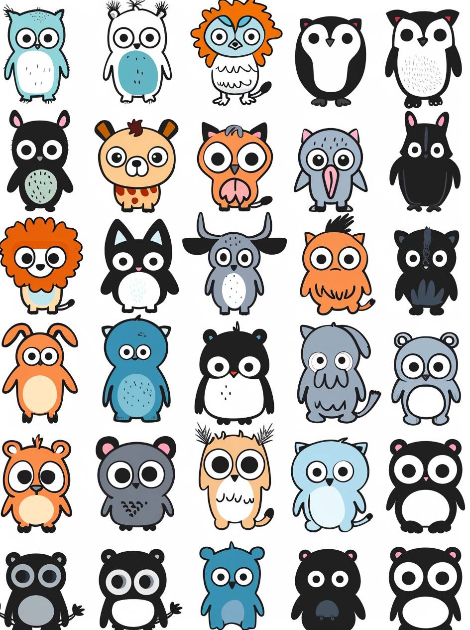 A page of cute cartoon animal character designs, each with simple line art and a color palette of black and white, grey, or vibrant blue outlines. The characters have unique features like big eyes, long necks, beards, mustaches, etc., arranged in rows on the sheet, ready for coloring in the style of children. They include animals such as giraffes, penguins, lions, tigers, flamingos, elephants, and more. Each creature has different expressions and poses to add personality to their design. Black outline only.