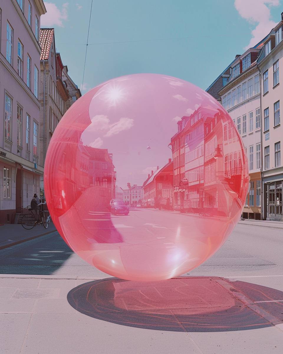 A corall pink moist bubble in the middle of the streets of Copenhagen, summer, daytime