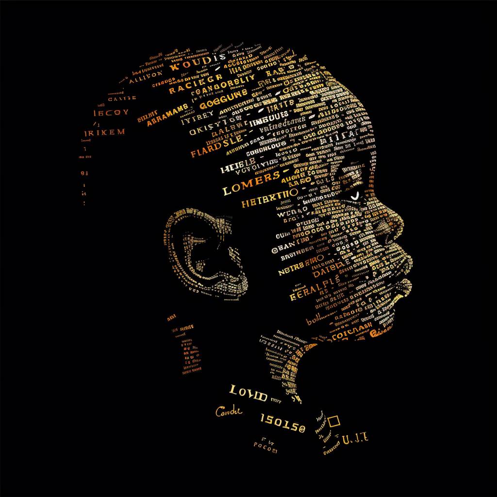 A portrait of a child made of words, in the style of vector illustration, golden light, high contrast, silhouette lighting, black background, typography art