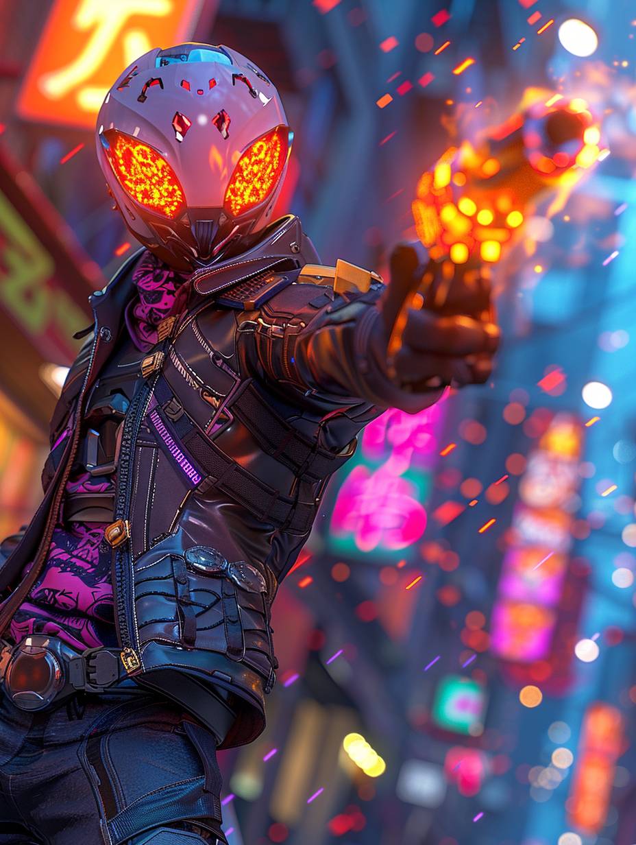 G.Validus from Ghost Rider in the style of an Overwatch character design, holding purple and yellow flame guns with orange flames, wearing black pants, white helmet with red fire on top, grey vest with blue details, purple shirt with pink and green patterns, standing pose on a futuristic city street background, colorful graffiti wall behind him, 3D cartoon game scene, vibrant colors, high resolution