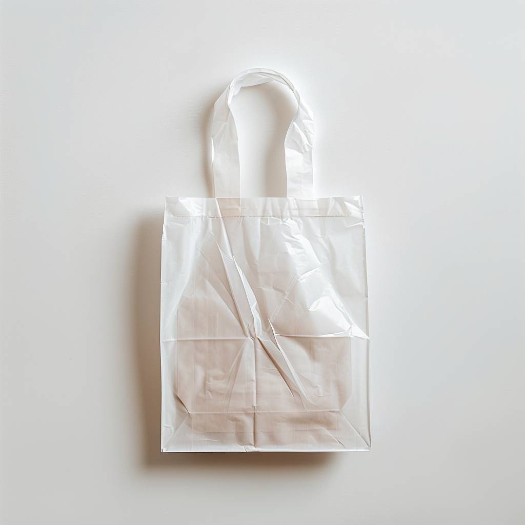 Top-down photograph of a flat plastic shopping bag with a [DESIGN/LOGO], [COLOR(s)] color palette, pure white background