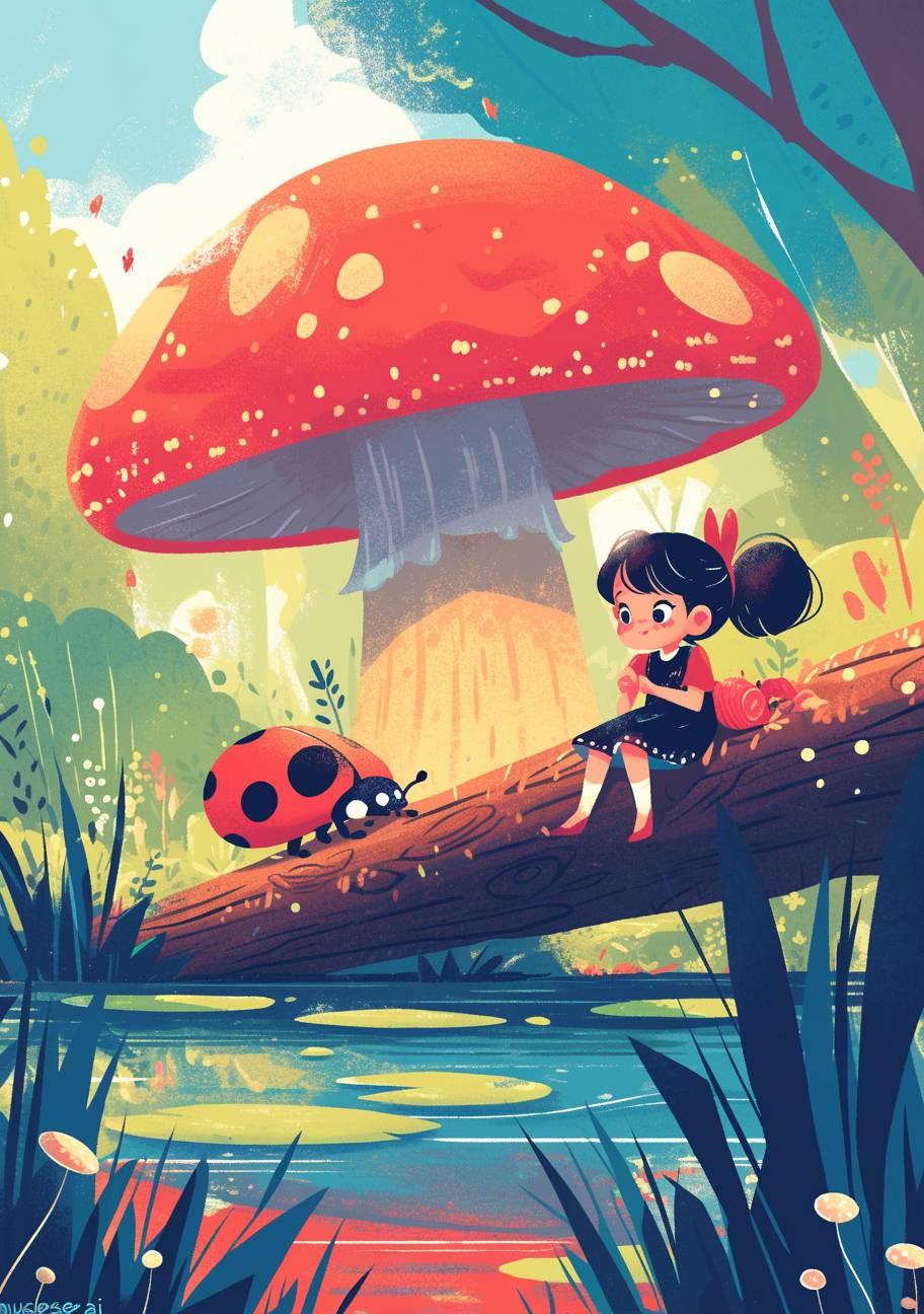 A cute little girl is sitting on the log by the river, playing with her ladybug friend in front of an oversized mushroom. Vibrant colors and a simple flat illustration style are used in the style of Chinese new year poster for the children's book cover design titled 'museseai'.