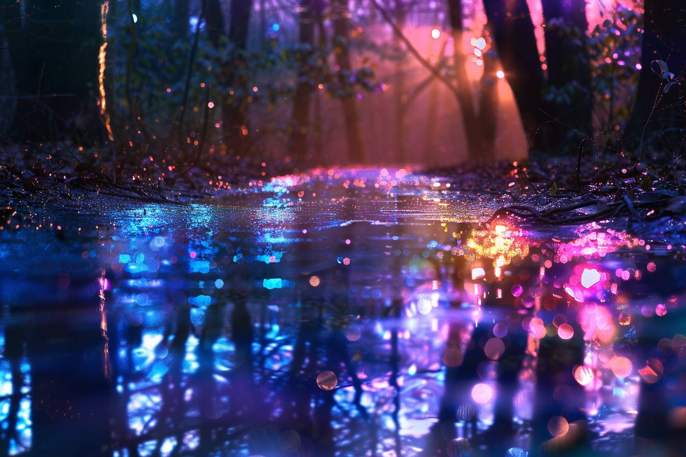 Neon Holographic Frostfire enchanted forest, reflective surfaces, atmospheric effects, color spectrum play