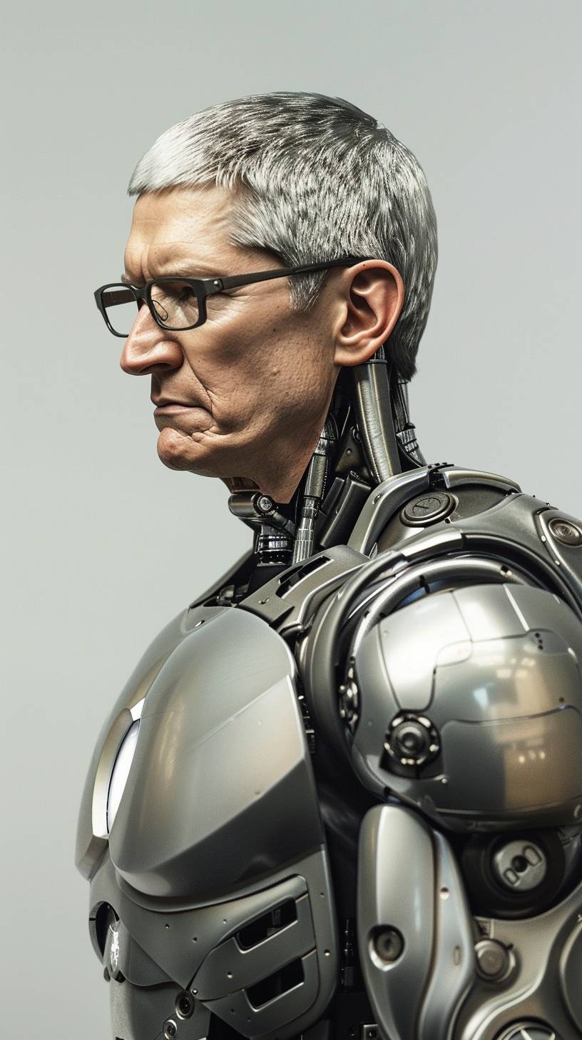 Tim Cook is an artificial intelligence super robot with a white background