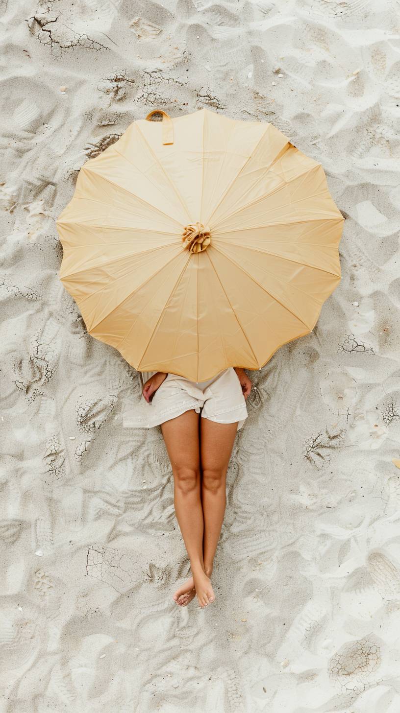 A minimalist and artistic photo capturing a person lying on a light grey surface, their entire body hidden beneath a large, delicate butter-yellow beach umbrella, with only their waist and legs visible. The person's legs are crossed elegantly, adding a touch of grace to the composition. The texture of the surface contrasts with the smooth, soft hue of the umbrella, creating a serene and visually striking image. The overall aesthetic is clean and simple, focusing on the interplay between the soft pastel shade of the umbrella and the neutral background. The image is in a vertical format, perfect for an Instagram post.