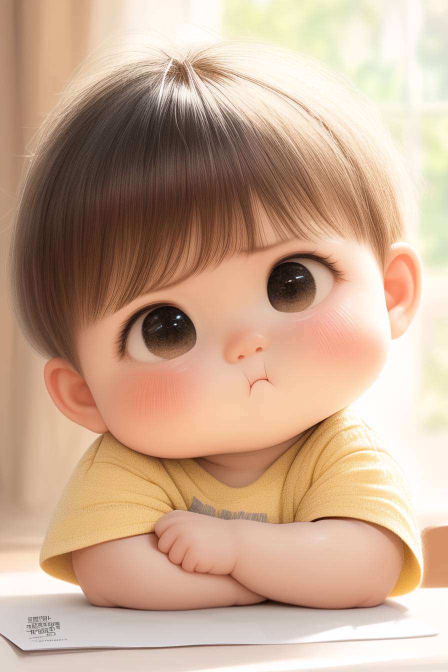 Realistic Pixar style, extra closed-up shot, side-view, a kawaii Korean baby girl, half a year old, super chubby cheeks, above her big head, jitome and troll, turns head to left side, eyes looking at opposite side, crossing her hands, pouting, An exaggerated expression, very short baby fringe hair, wearing light yellow T-shirt, white background, UHD --ar 2:3--style raw --stylize 1000 --niji 6
