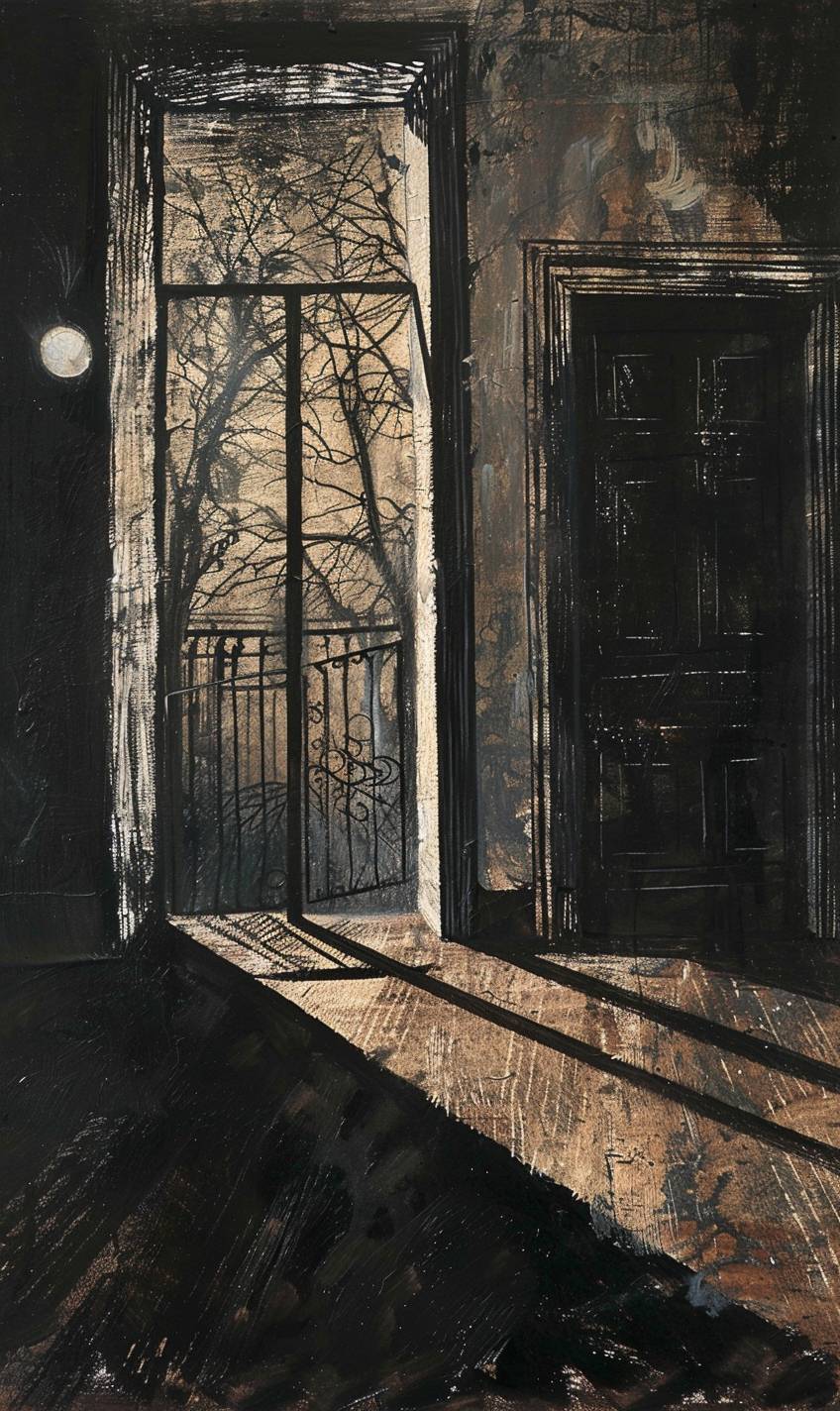 In style of Gary Bunt, Haunted mansion with creaking doors and shadows