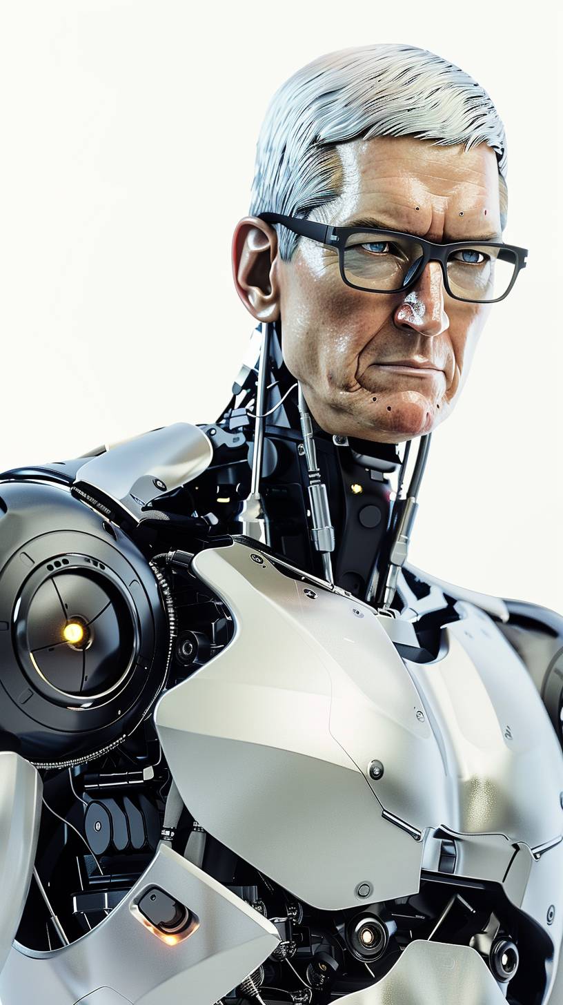 Tim Cook is an artificial intelligence super robot with a white background