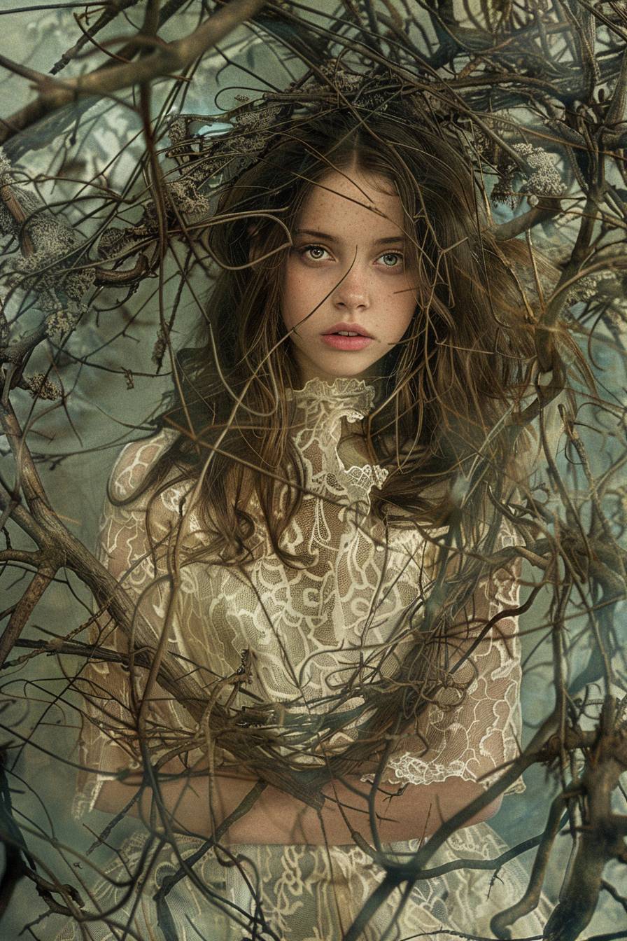 A young and stunning woman stands at the center of a vast network of branches, her presence intertwining the intricate connections of life, as the dendritic patterns around her symbolize the interconnectedness of all living things.