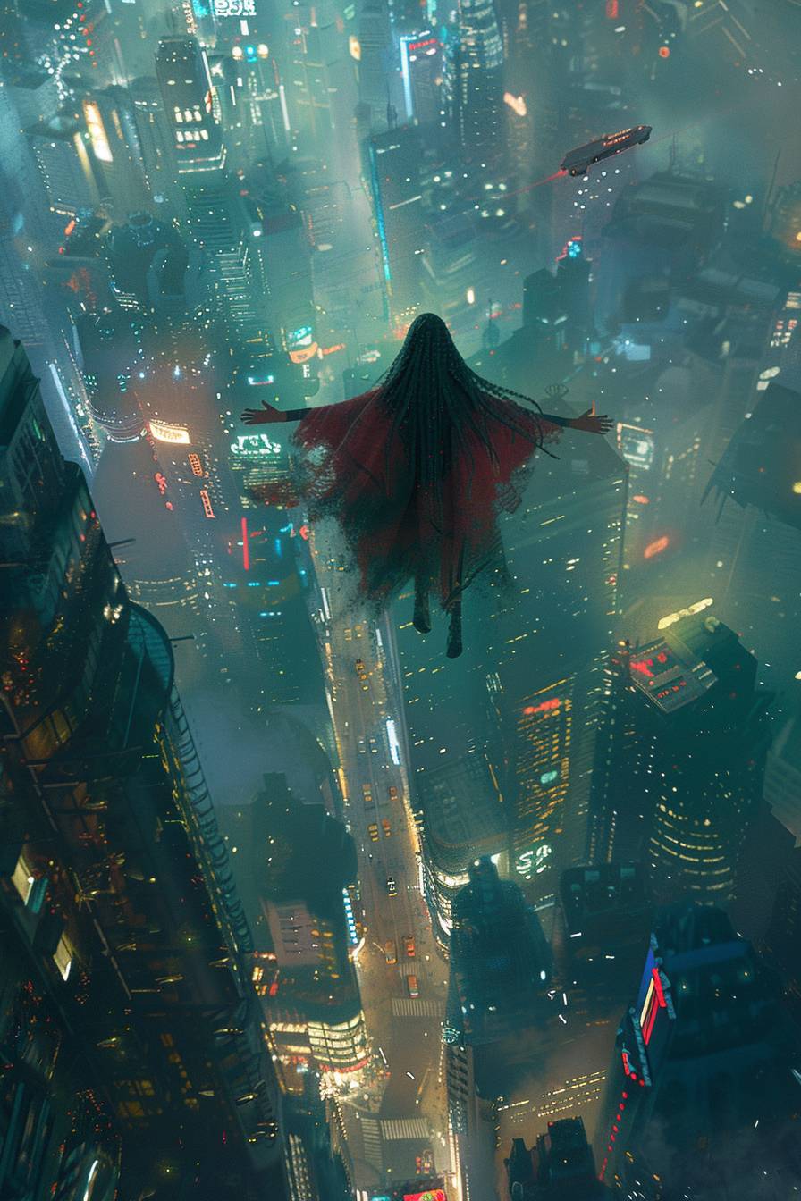 Flying through the air above the city at night is a CYBERPUNK WITCH, in the style of OILPAINTCORE, FUTURISTIC VIBE, NEONOIR --ar 2:3 --stylize 300  --v 6.0