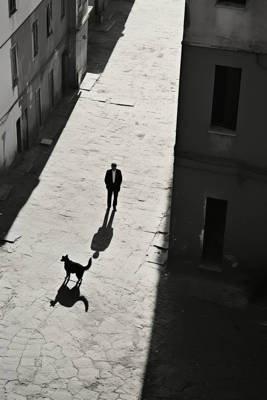 Henri Cartier-Bresson's masterpiece, Single background, black cat, a man sideways, bird's-eye view shot, black and white tones, photography, aspect ratio 3:4