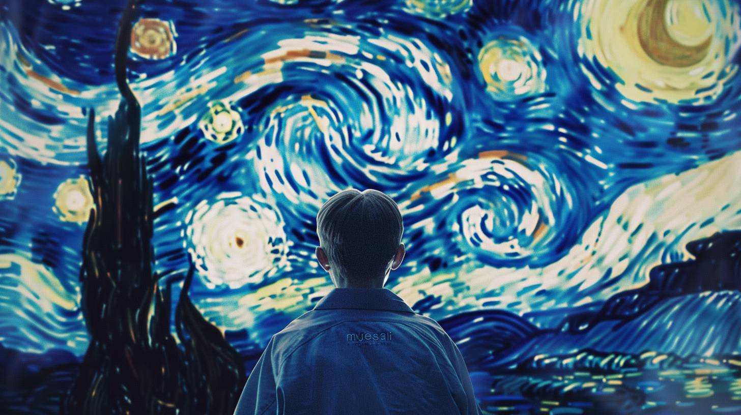 A magazine cover where the image of Sam from the Atypical series is combined with the background of Van Gogh's starry night, which has the title “musesai”. Keep it simple, it's for a short film.