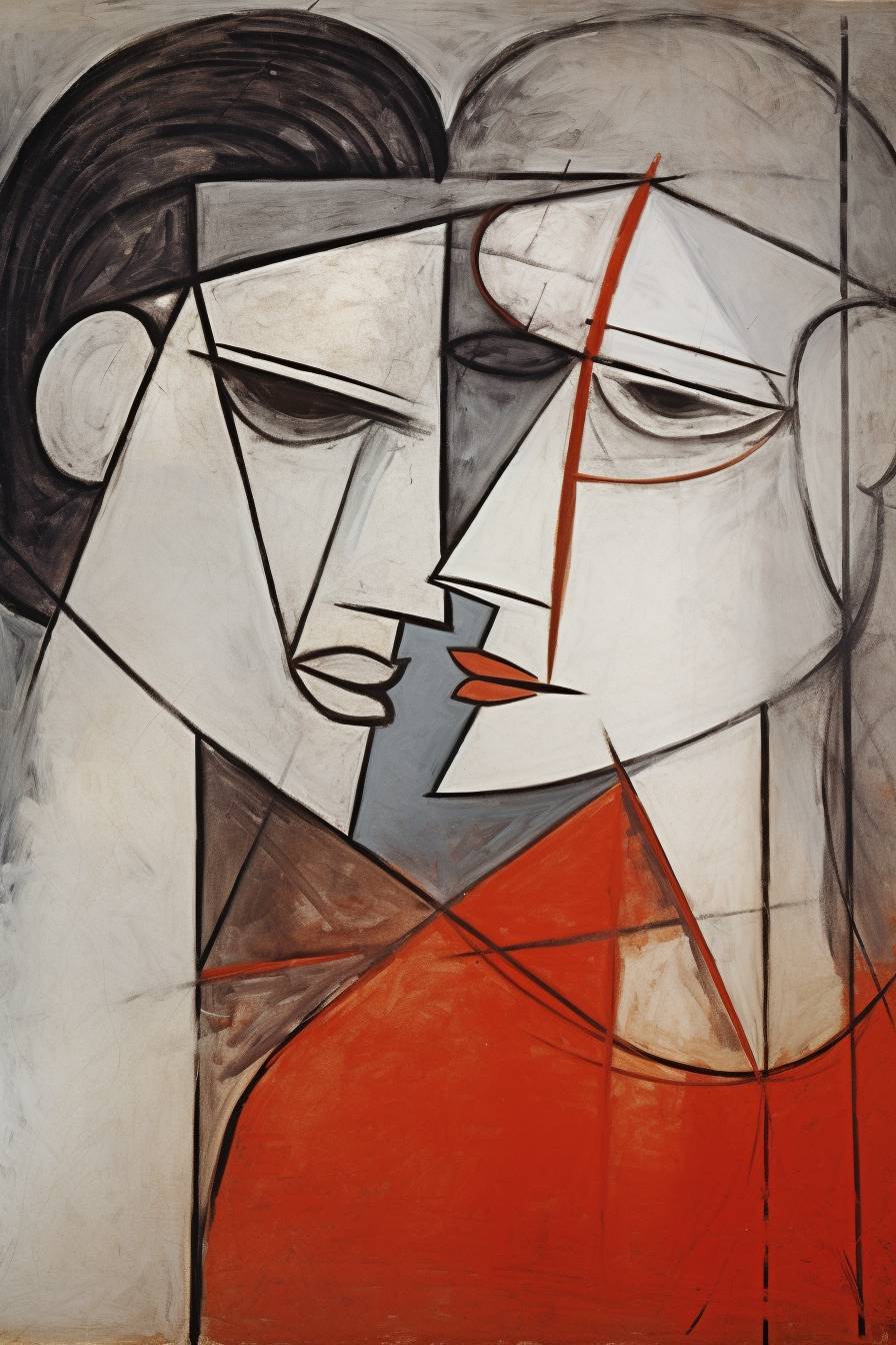 A painting by Pablo Picasso made of steel plates and iron wire, depicting a woman kissing. Red --chaos 15 --aspect ratio 2:3 --V 5.2
