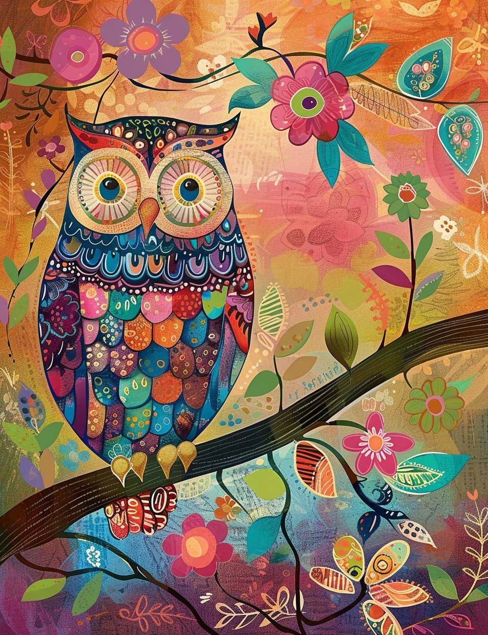 Create a whimsical illustration featuring a cartoonish owl on a colorful background, in the style of the vibrant, fairy-tale-like and children’s book illustrations. The medium should combine illustration with ephemera and doodle art elements. Use a color palette of warm tones--pinks, oranges, teals, and purples--with pops of bright floral hues. The art should have a playful, dreamlike quality, rich in patterns and fantasy motifs, capturing an enchanting, storybook essence and ephemera background.