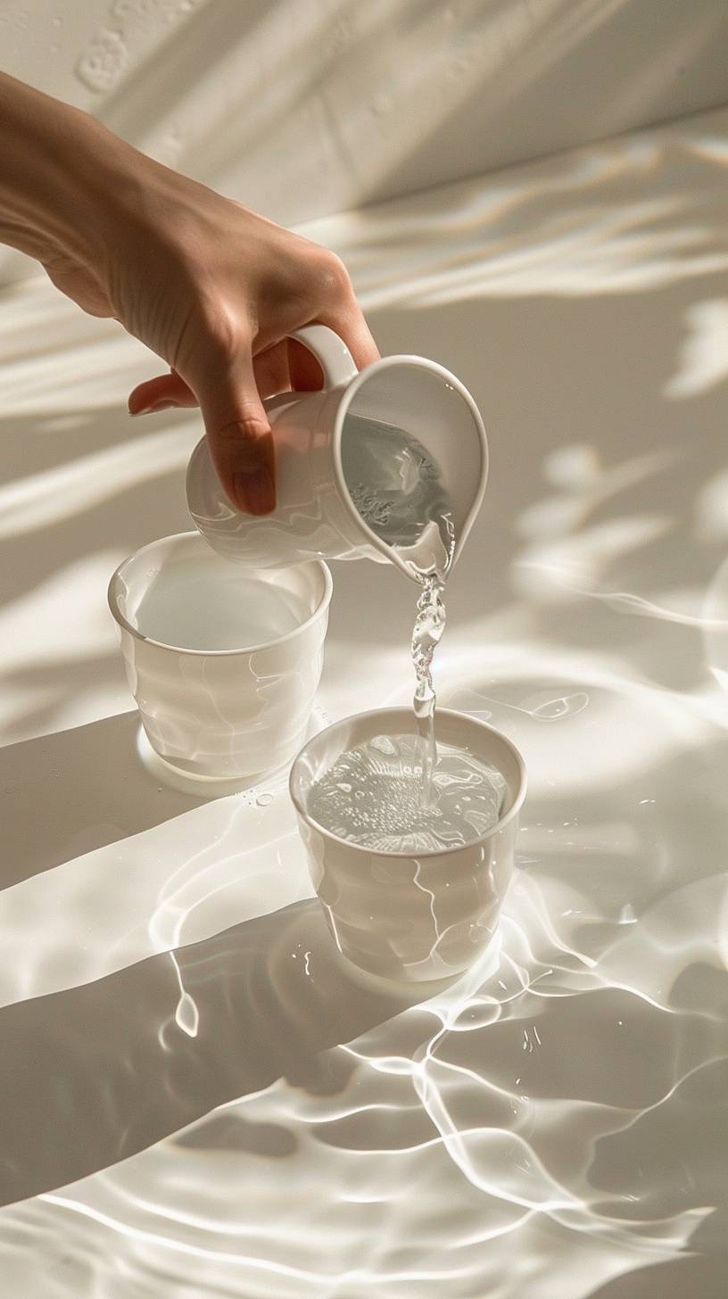 明るい環境で、上から平行な角度で見られると、白い断熱ガラス製のカップを持つ手が、水を別のカップに注いでいます。