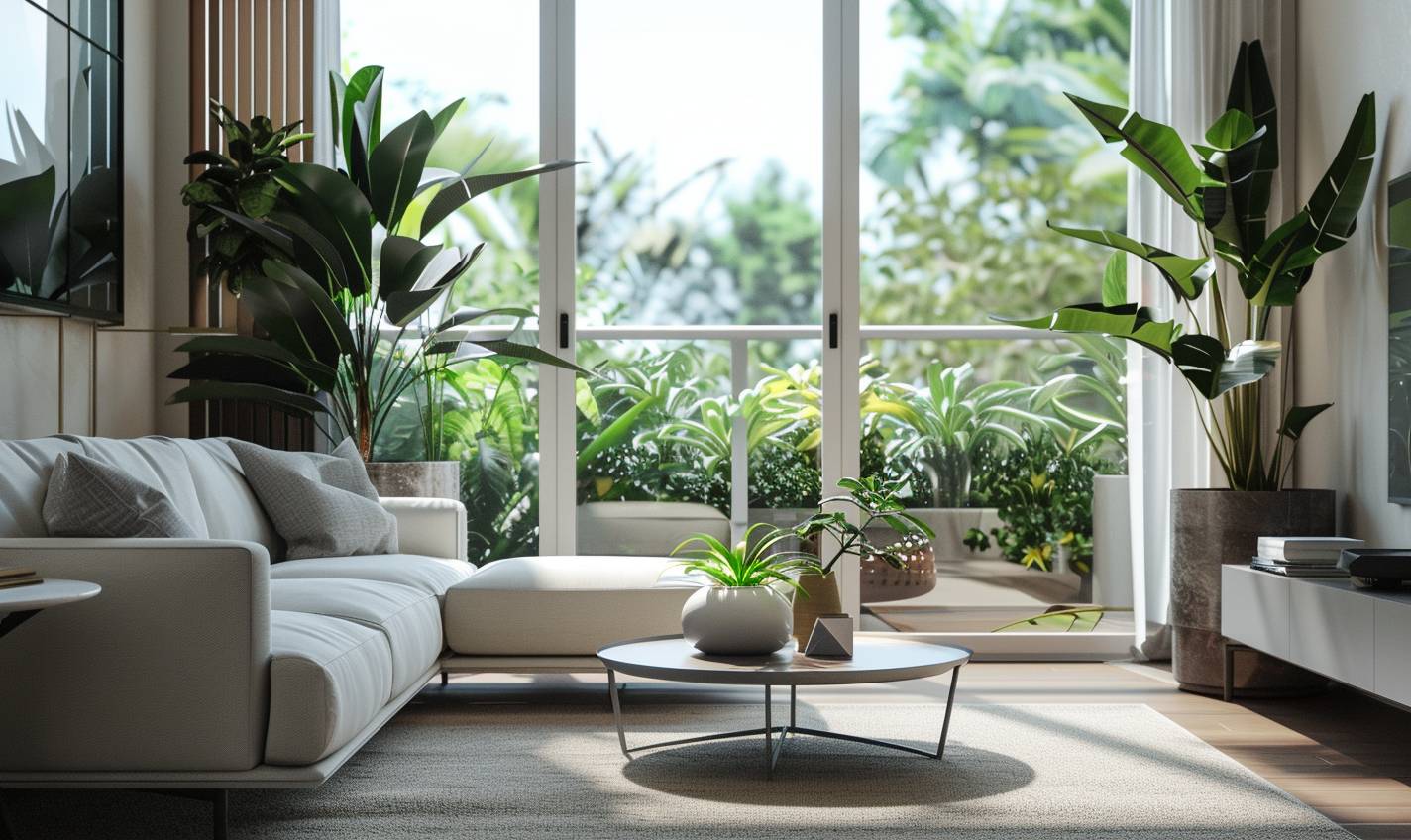 Interior Design, a perspective of study, modernist, large windows with abundant natural light, light colors, plants, modern furniture, modern interior design