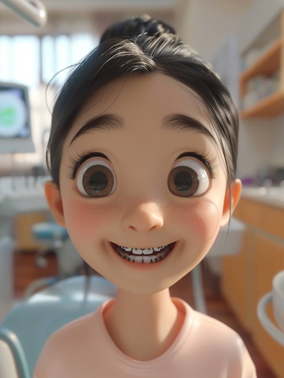 アニメーションスタイル、中国の女の子、矯正装置を付け、大きな目と長いまつ毛が笑顔で歯科医のオフィスで、背景には明るい歯科クリニックの部屋、高度なテクノロジー機器を備え、Pixar Disneyスタイル、3D