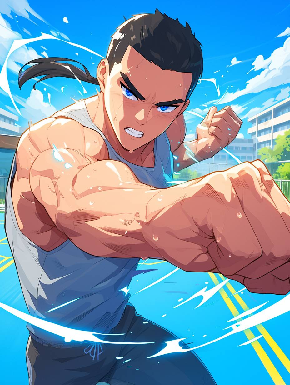A 22-year-old handsome boy with a short black ponytail, blue eyes, wearing a grey sleeveless vest, throwing a fierce punch, with the school campus playground in the background. The illustration is in a Japanese manga style with electrifying and dynamic details, captured in high resolution for a crisp and high-quality image. --no backpack --ar 3:4 --niji 6