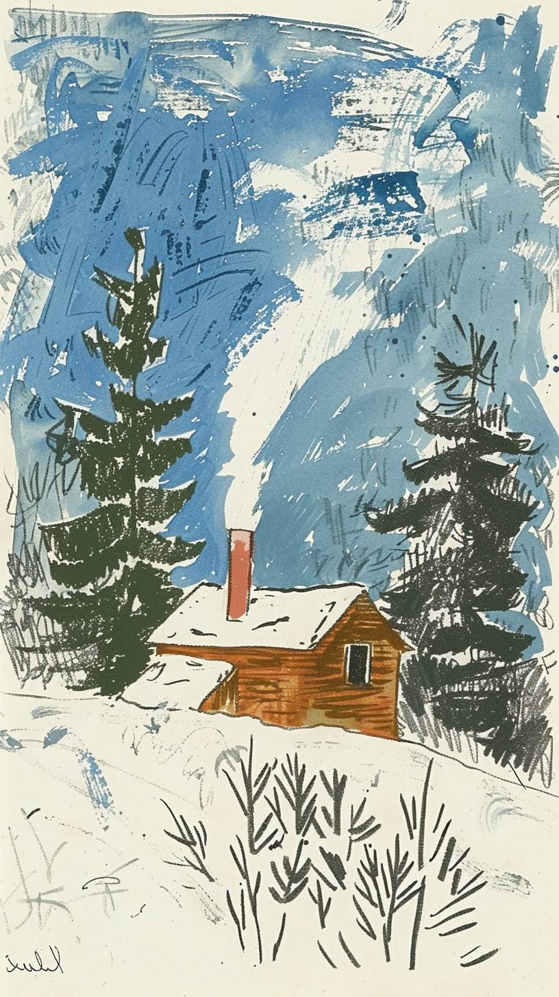 A cozy, snow-covered mountain cabin, with smoke rising from the chimney, surrounded by a peaceful winter landscape.