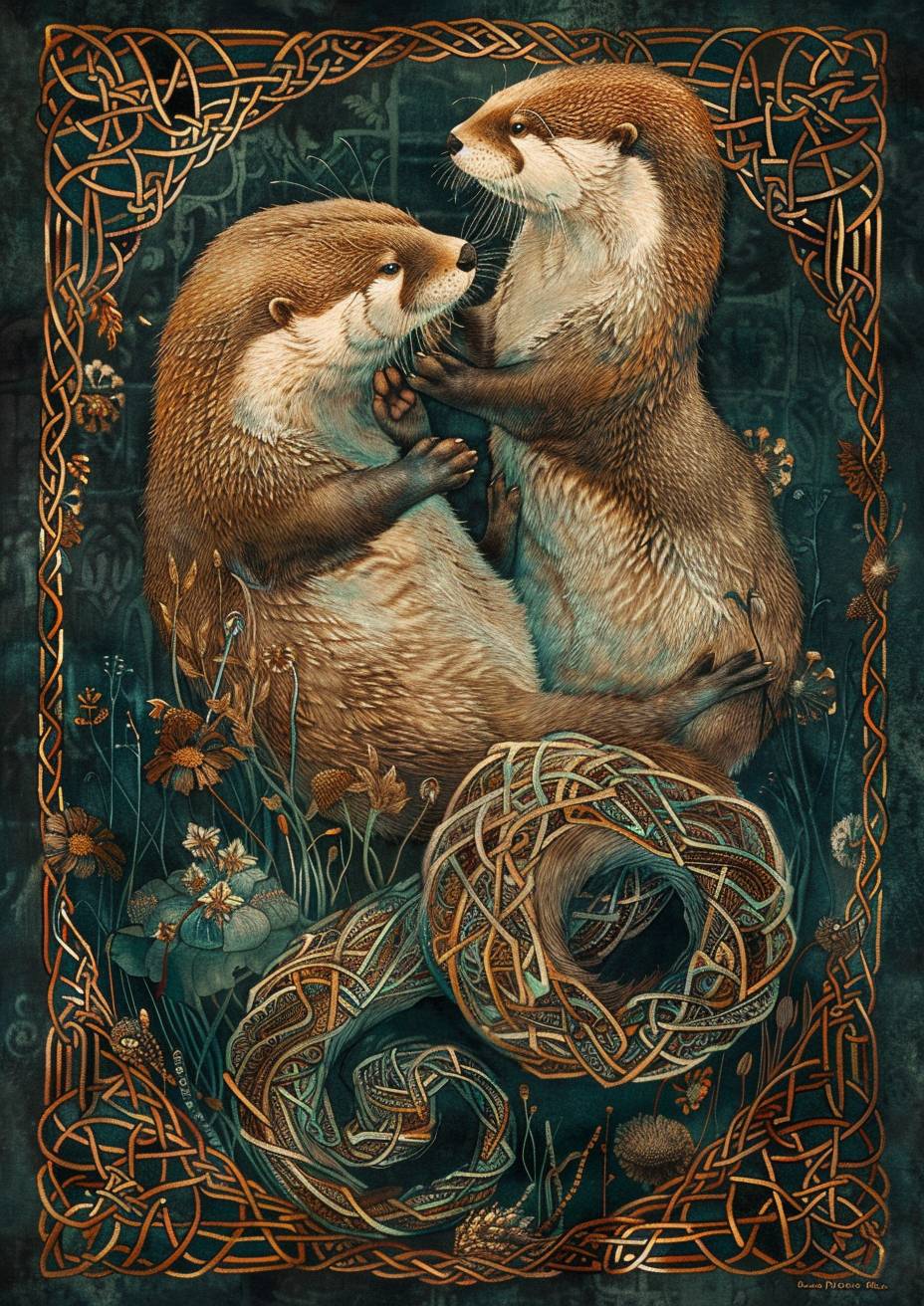 A tapestry featuring two otters intertwined, in the style of Celtic silver knotwork, with a dark background and teal and copper colors, creating a strong visual flow.