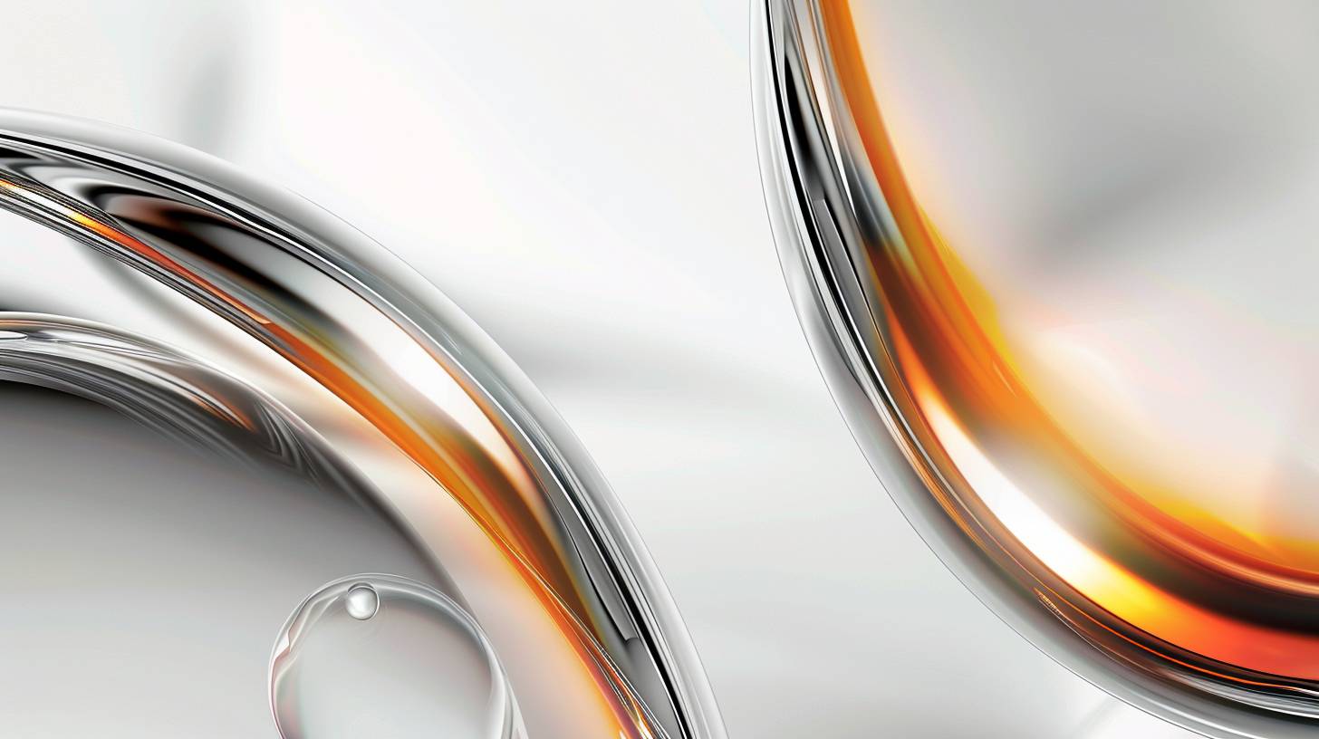 白い背景にオレンジとグレーのグラデーション、左上と右下に滑らかな曲線の形をした二つの半円、前景と背景にガラス球、淡いグレーの背景、ぼかしエッジ、モダニズムデザインスタイル、フォーカススタッキング、シンプルな形状、柔らかいグラデーション、線形要素、現代主義のアーティストのスタイルに