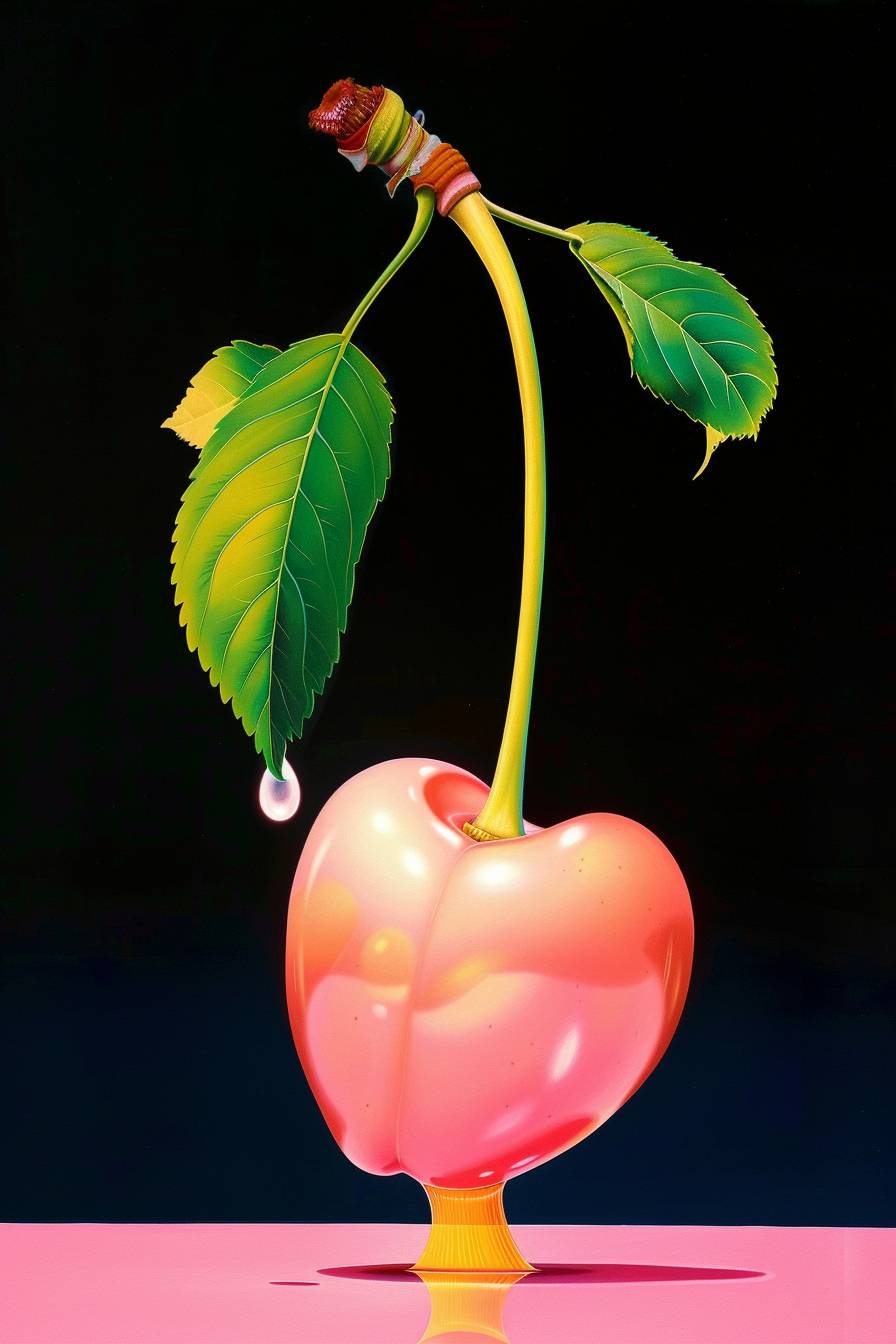 A photography of a pink cherry, hyperrealistic, with some imperfection on the surface, tiny water drop, lateral, made of gelly, cinematic pose, black background, minimal, film analog still, Kodak porta --chaos 2 --ar 2:3 --sref 159188116 --stylize 50 --v 6.0