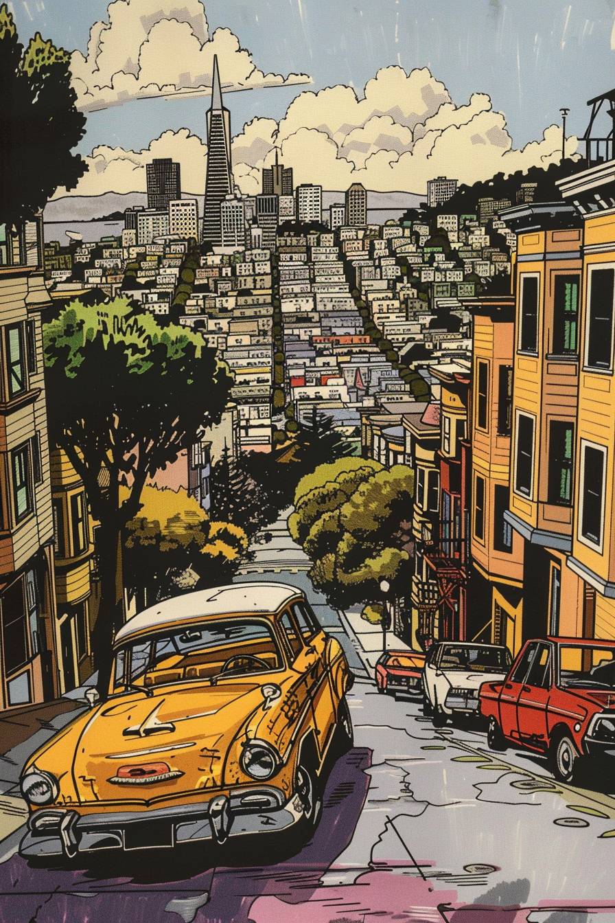美しいサンフランシスコ、エルジェによって挿絵され、ティンティンコミックスのスタイル、ペンとインク、美しい色彩、細部への注目