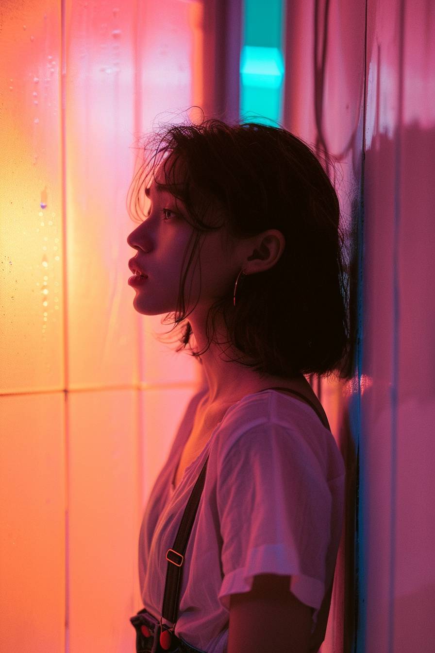 A side profile picture of a woman crying, she looks withholding. The photo was taken in the style of Leica M6, vaporwave, full body shot, far away shot.
