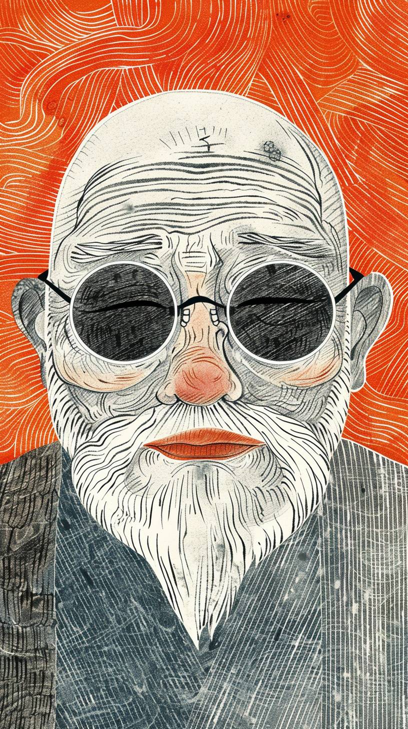 A portrait of an elderly Japanese Zen master who embodies a strong sense of wisdom and tranquility. He is wearing round, dark sunglasses and has a neatly trimmed white beard and mustache. His hair is short and also white, with visible signs of thinning. The man is dressed in what appears to be a traditional, dark-colored jacket, which suggests a simple yet refined style. The background is a vibrant orange, providing a stark contrast that highlights his features and gives the image an almost monochromatic, artistic feel. His expression is serene, and he carries an air of contemplation and depth, which might indicate his identity as a zen master, someone deeply rooted in meditation and spiritual practices.