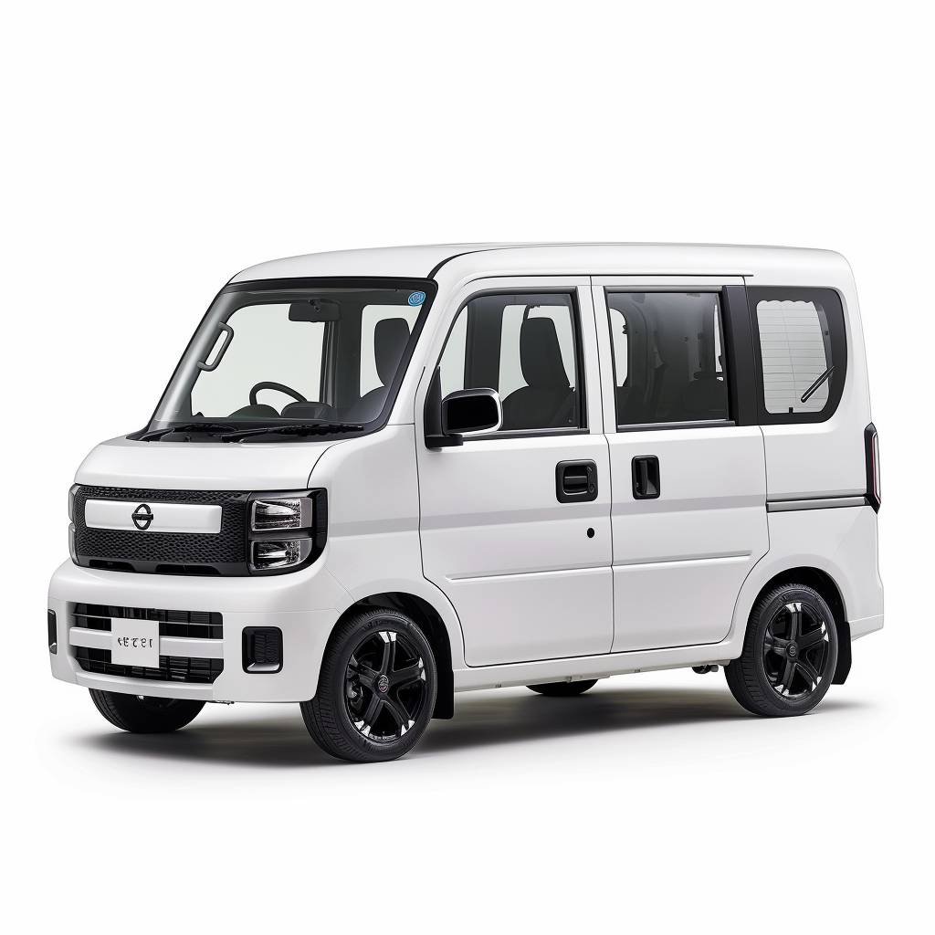 A white masculine K-shaped light van set against a pure white background. Designed in a Japanese style, it features four doors, rear seats for two, black wheel rims, and small headlights. The vehicle has a rounded front end, resembling a Nikon D850 DSLR camera. The car's body includes a sleek roofline and large windows, creating a clear detail and distinctive design, making it stand out as part of my perfect minivan design. --ar 1:1 --style raw --stylize 50  --v 6.0