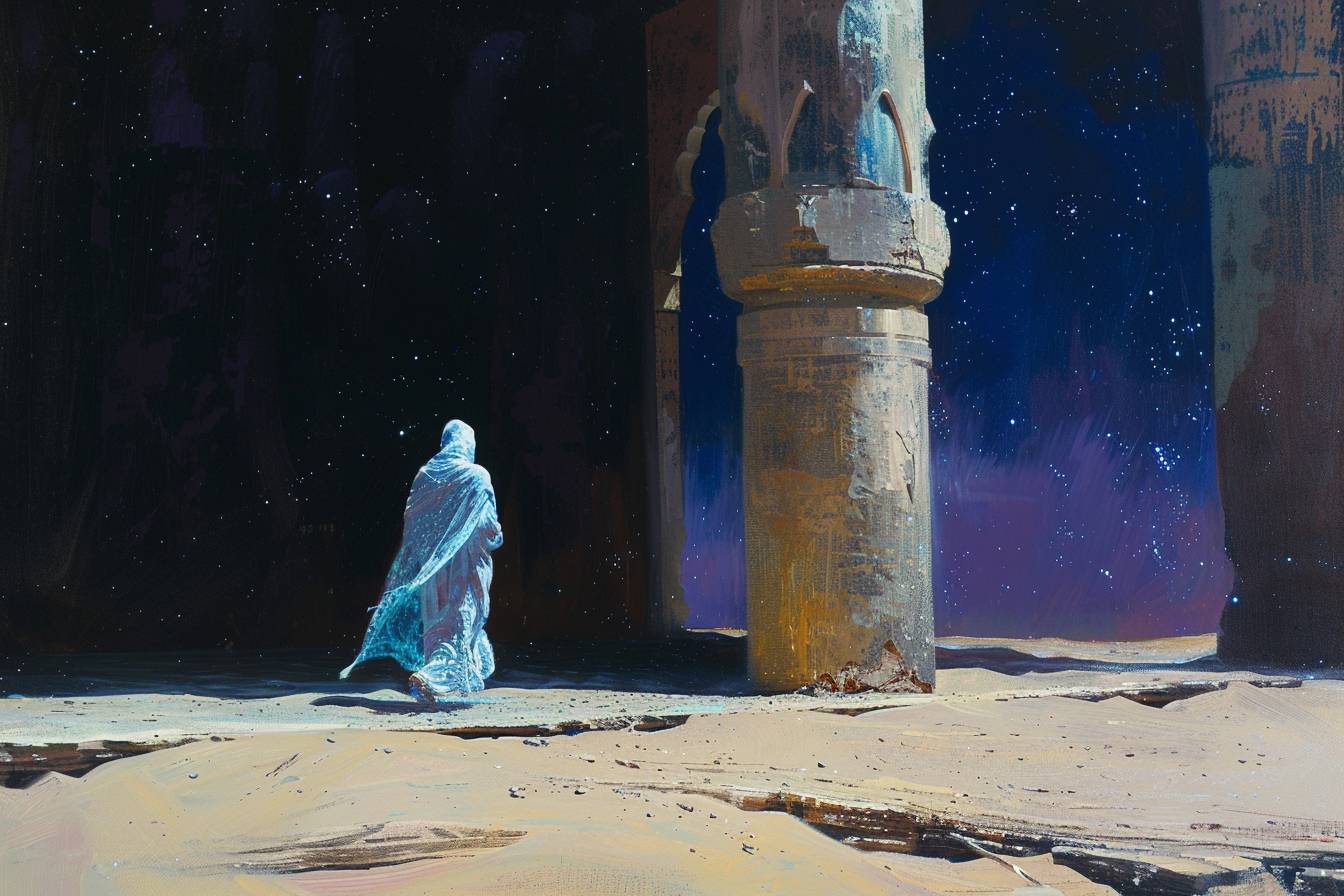 絵画、白と淡い青色のガウンを着た孤独な人物が、柱とドームのある砂漠の滑らかな石構造の上に立っている。虹色の青と紫の輝きと影、星がちりばめられた黒い空。静かで無限の雰囲気、レトロな美学、概念設定。