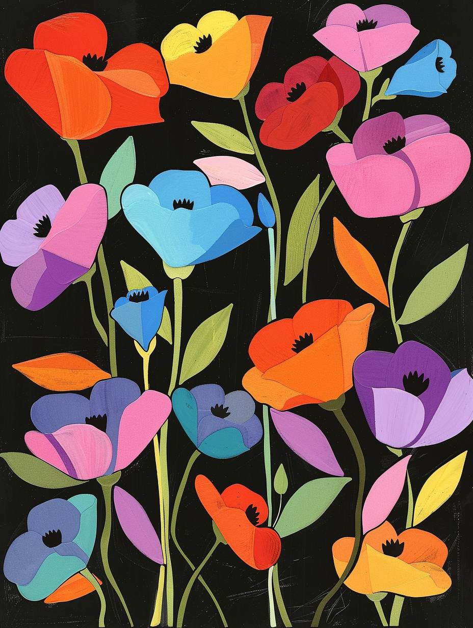 Matisse cutout poppies in the style of m directed in the style of Garry mccoy, folk art-inspired line art illustrations, folk illustration, handdrawn elements, flat color blocks, gouache and ink painting, colorful woodblock print, black background, orange pink purple blue green yellow