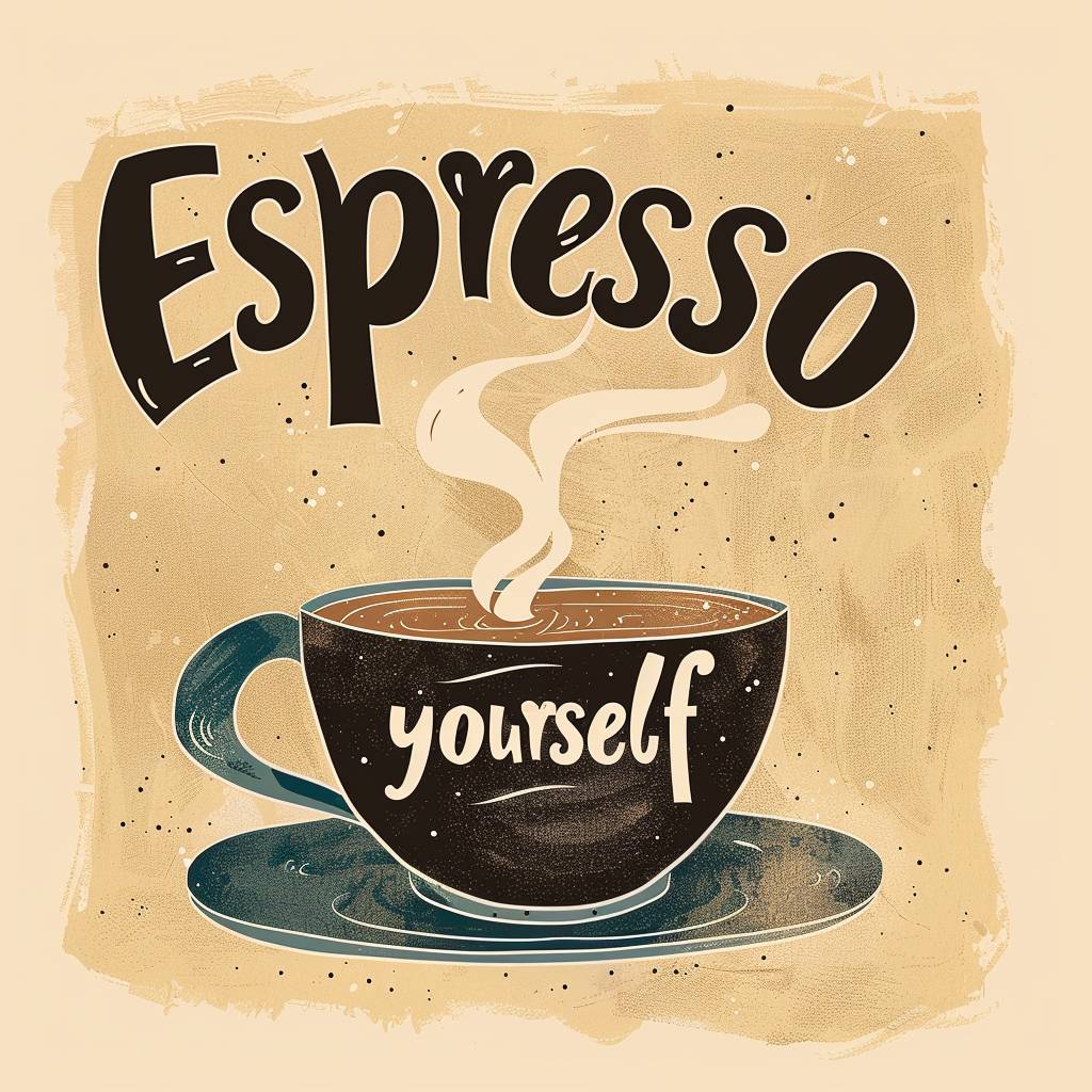 A whimsical design featuring the phrase 'Espresso yourself' shaped like steam rising from a hot cup of espresso, against a soft, muted background. Created using fluid steam shapes, gentle curves, soothing color palette, whimsical typography, coffee aroma visual, glibatree prompt, HD quality, natural look.