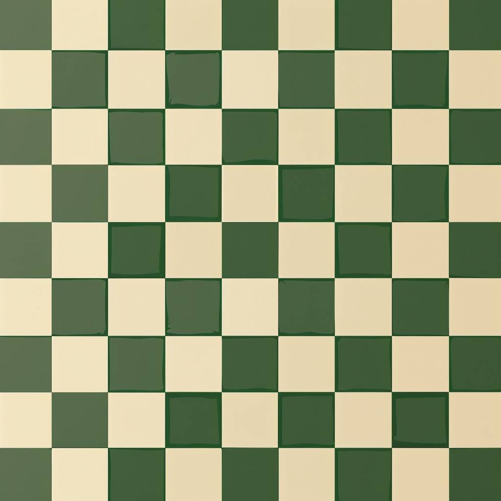 A large chessboard pattern in forest green and beige, with squares of equal size and uniform color. The solid colored background creates an elegant and minimalist aesthetic. This design would be suitable for various applications where the symmetrical checkered texture adds visual interest without overwhelming the viewer. It could also serve as a simple yet striking element on web pages or graphic designs in the style of a minimalist aesthetic.