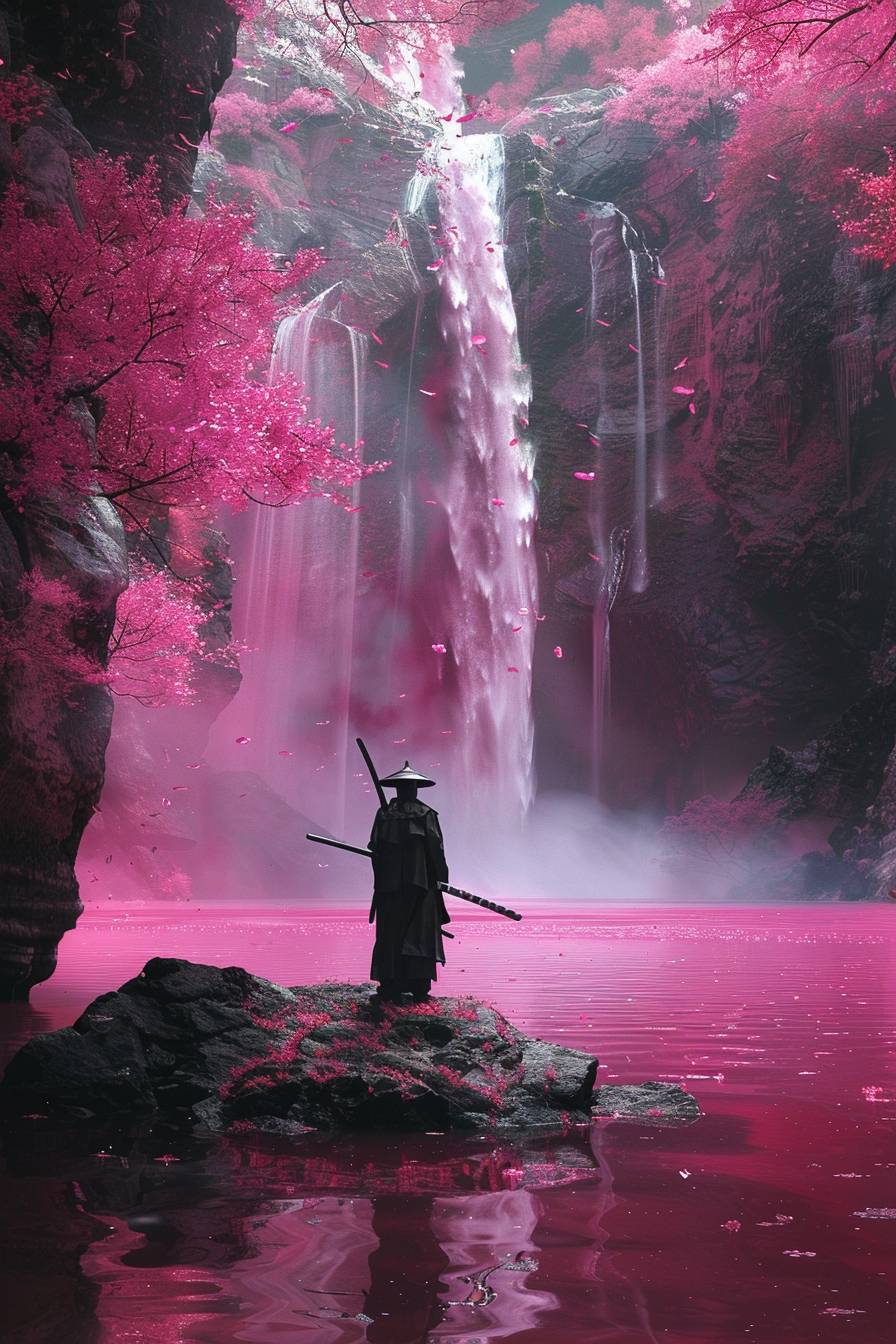 Create an image that captures the essence of a solitary swordsman in black traditional attire, reminiscent of Jet Li in a Tsui Hark film, standing on a rock in a pink lake, facing a grand pink waterfall. The swordsman should embody the heroic and aloof spirit, exuding an aura of courage and determination that is characteristic of a true warrior. The pink waterfall should be a spectacular sight, creating a strong visual impact and serving as the focal point of the composition. The clear pink lake water should contrast sharply with the swordsman's figure, highlighting his loneliness and resolve. The image should be minimalist, focusing on the essential elements and using the dreamy atmosphere to evoke contemplation and imagination, conveying a profound artistic conception. The composition should be surreal and ethereal, with high color saturation and strong color contrasts that emphasize the fantasy and fashion elements. Render the image in 8K for the highest quality, ensuring that every detail is crisp and vivid, reflecting the surrealistic style.