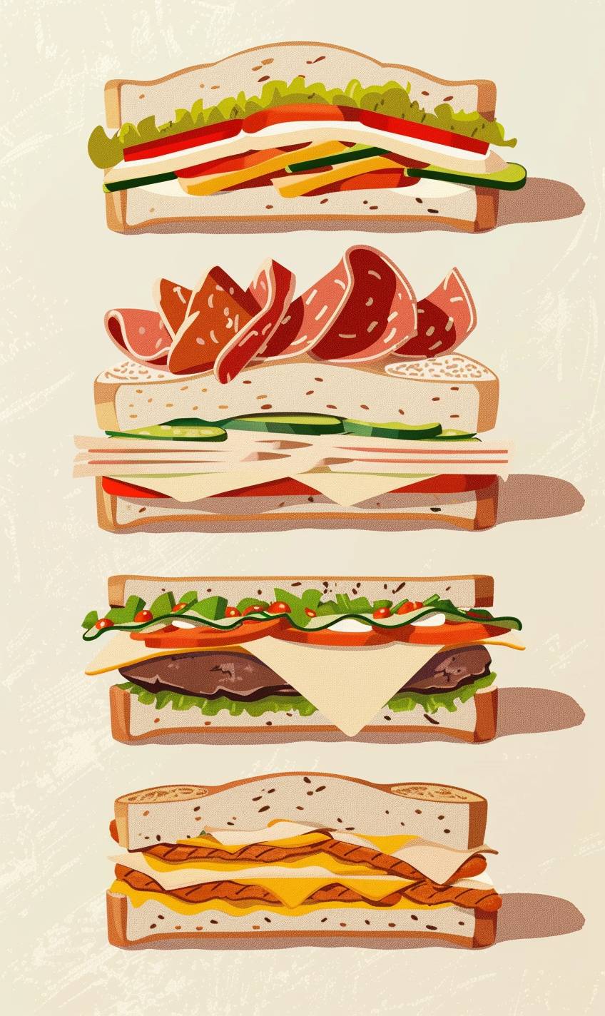 Please create a Milton Glaser style graphic art of meat, chicken, and vegetarian sandwiches all on a light background
