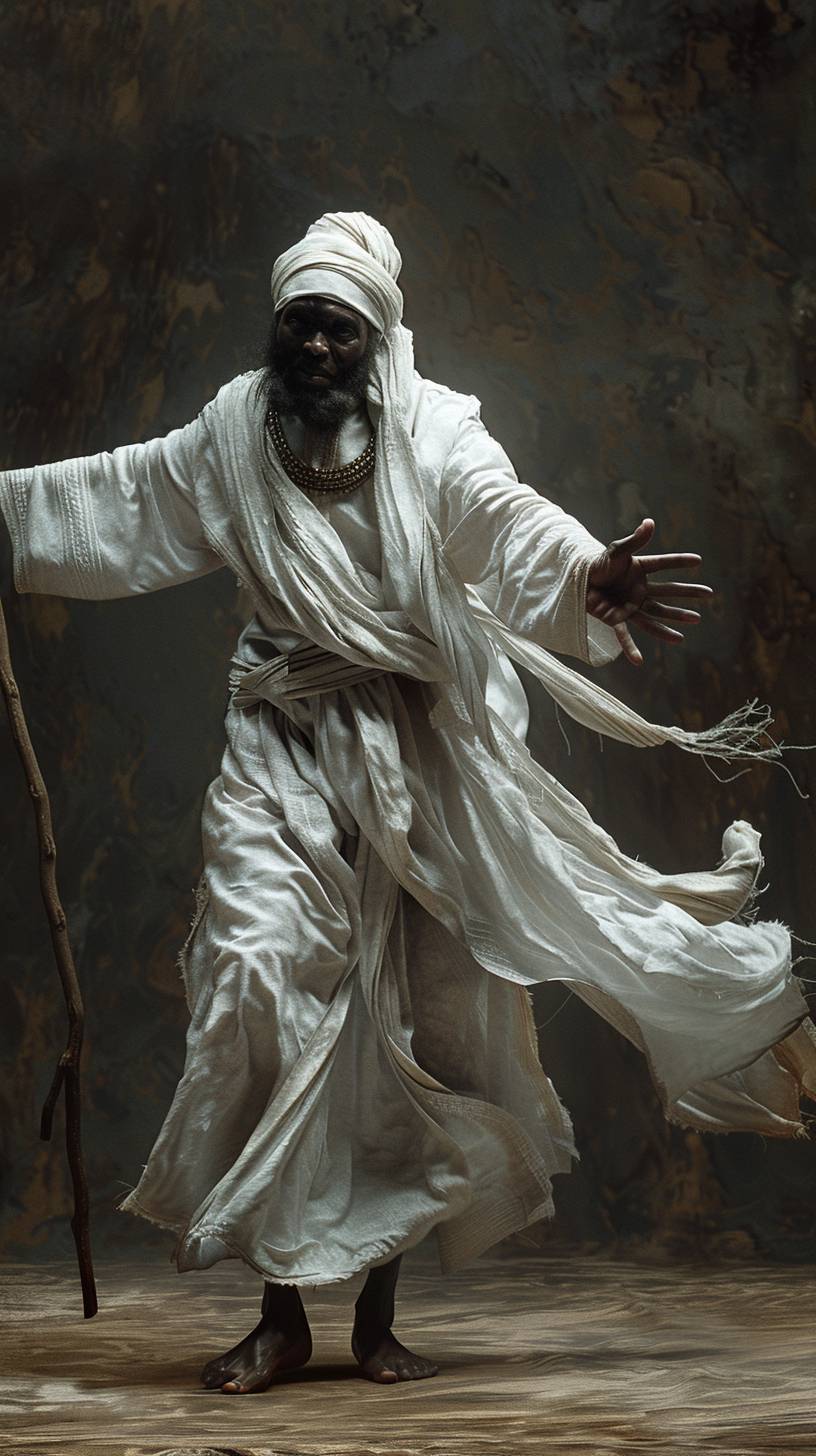 In cinematic scene and hyper-realistic. A Sudanese man wearing Sudanese traditional clothing a white Jalabiya and a white turban and wearing bearish around his neck. He holds stick around his left hand and rising up his right hand.