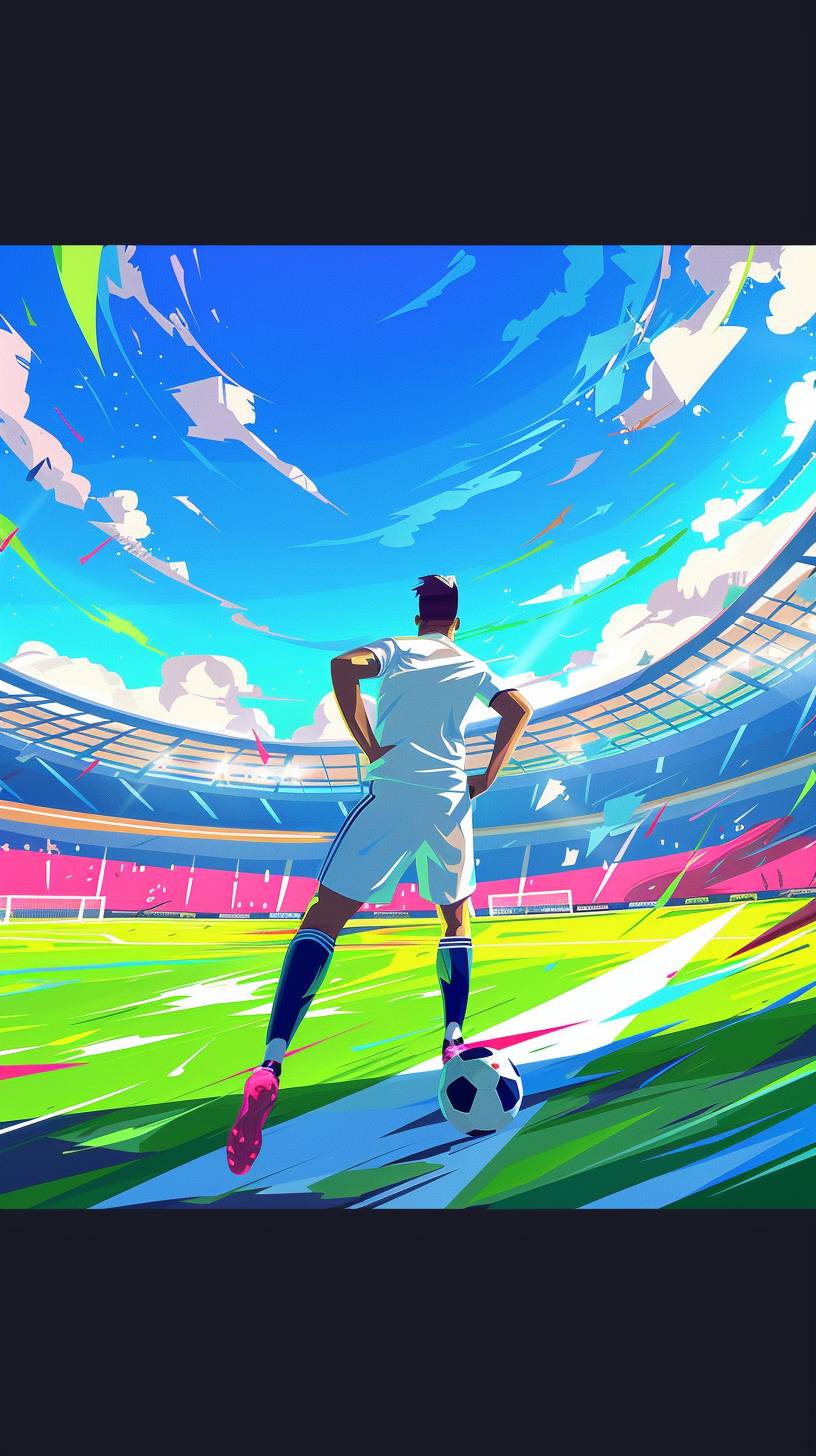 Flat style, illustration style, 4K, football player ready to shoot. Inside the stadium, blue sky, nice weather. The European Cup --ar 9:16  --v 6.0