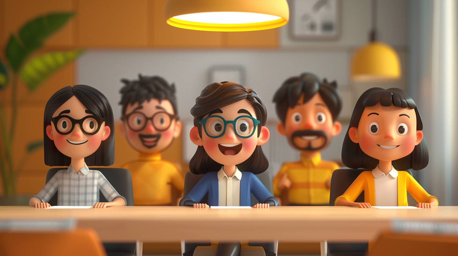 A zoom interface grid of 6 smiley animated characters enjoying a productive meeting.